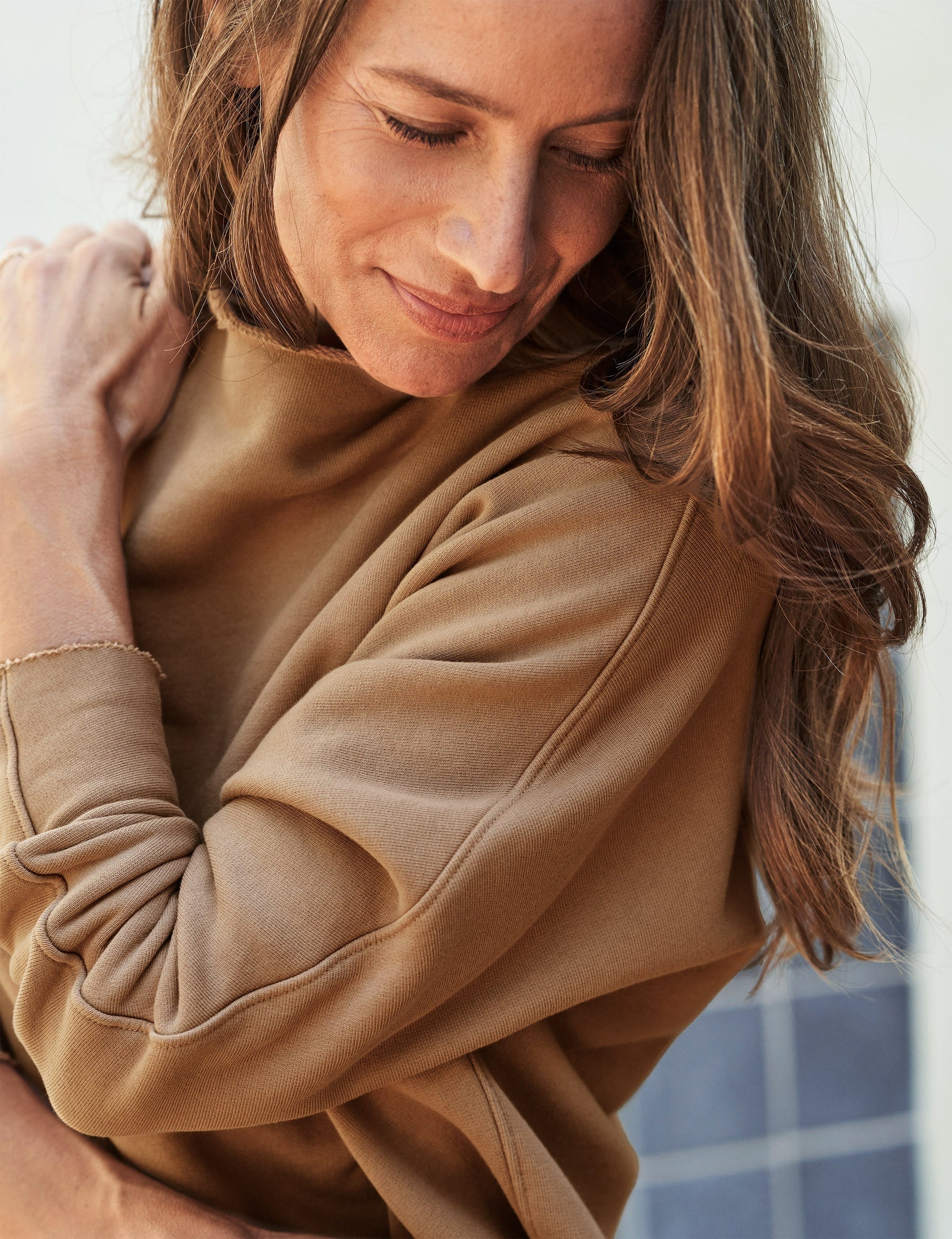 Frank & Eileen Effie Funnel Neck Capelet Sweatshirt Camel-Sweatshirts-West of Woodward Boutique-Vancouver-Canada