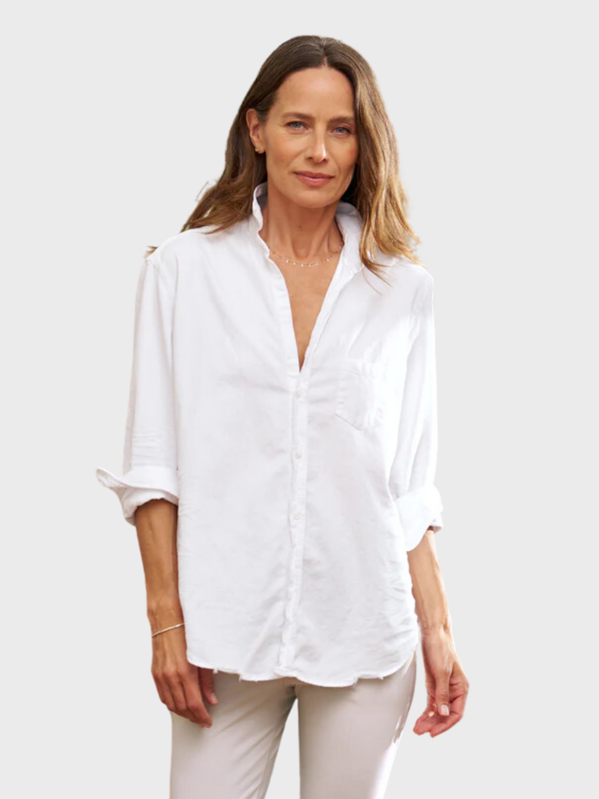 Frank &amp; Eileen Eileen Button Up Shirt- White Tattered Denim