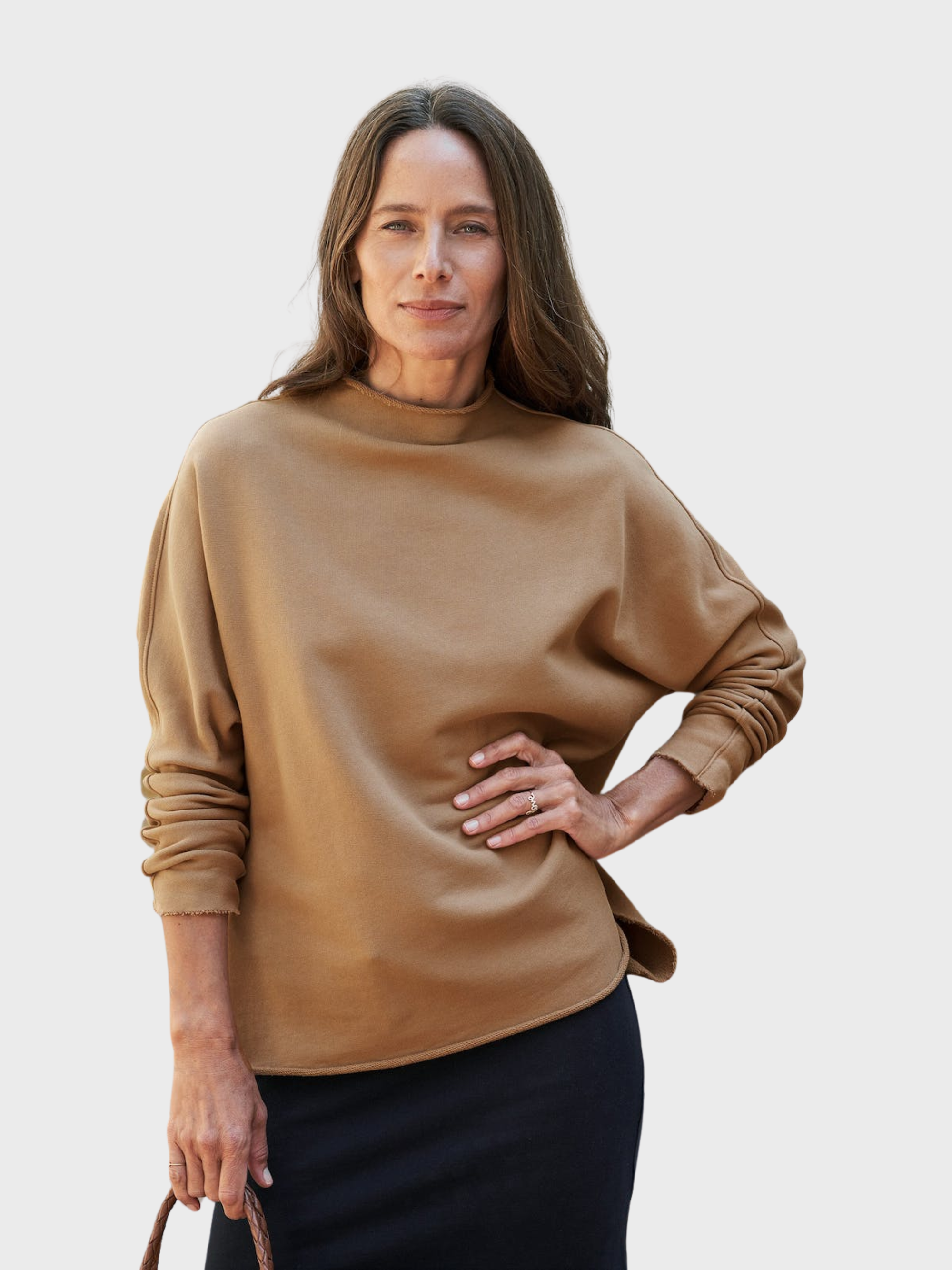 Frank & Eileen Effie Funnel Neck Capelet Sweatshirt Camel-Sweatshirts-West of Woodward Boutique-Vancouver-Canada