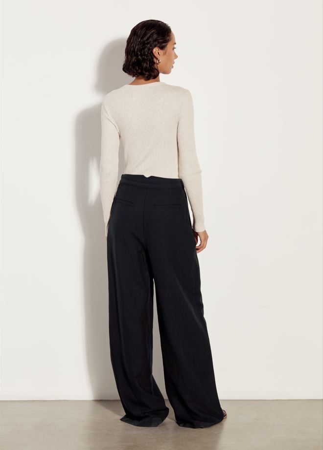 Enza Costa Twill Pleated Wide Leg- Black-Pants-West of Woodward Boutique-Vancouver-Canada