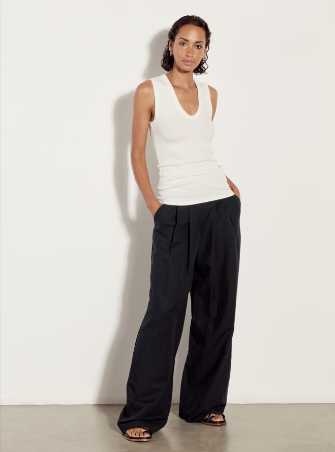 Enza Costa Twill Pleated Wide Leg- Black-Pants-West of Woodward Boutique-Vancouver-Canada