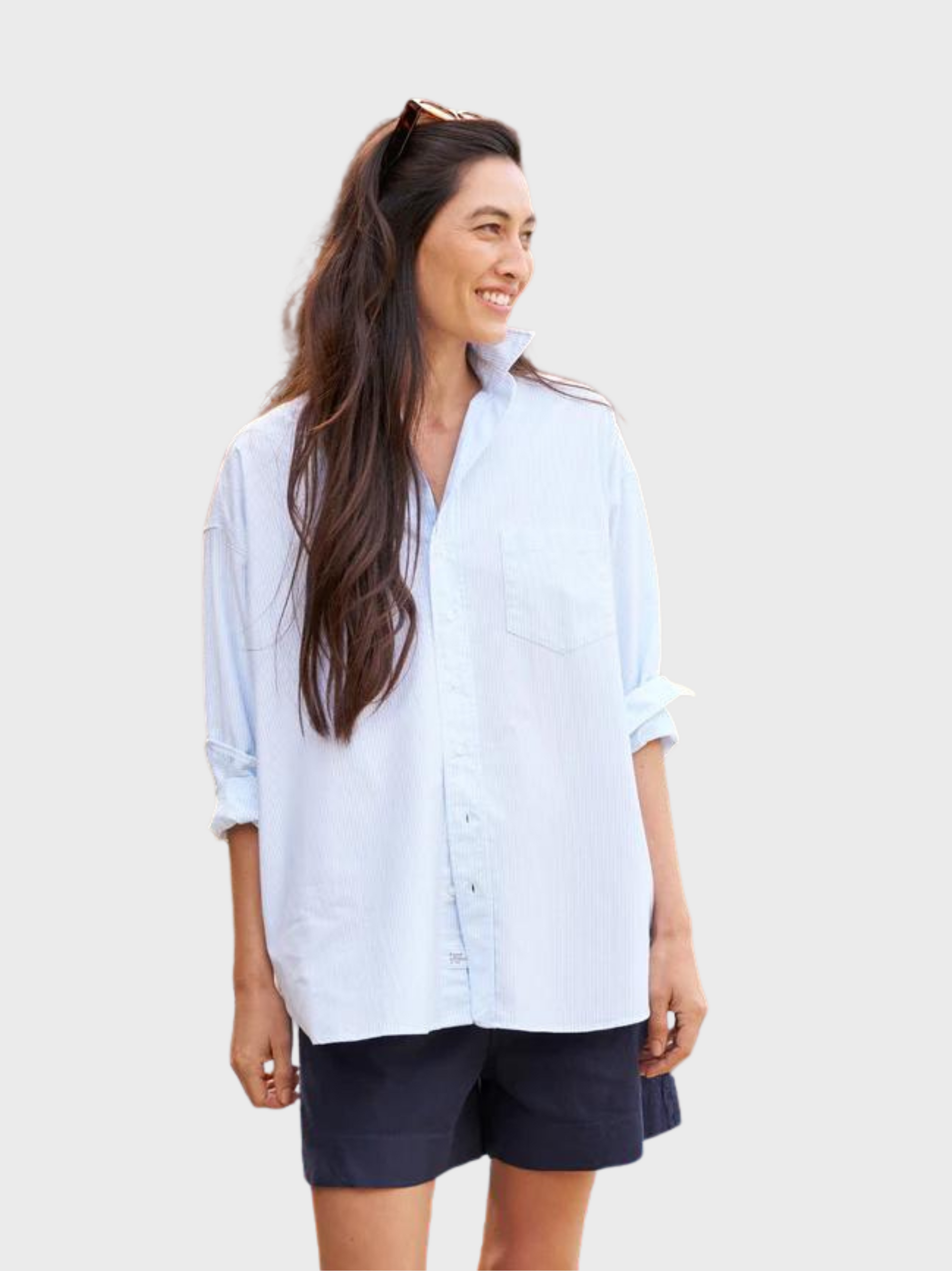 Eileen Woven Cotton Button up in Blue End & On End  Classic women shirt,  Fashion forward, Pants for women