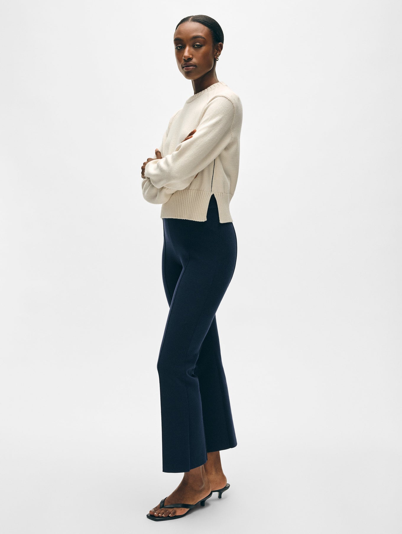 White + Warren Soft Cotton Rib Trim Sweatshirt Ivory Navy