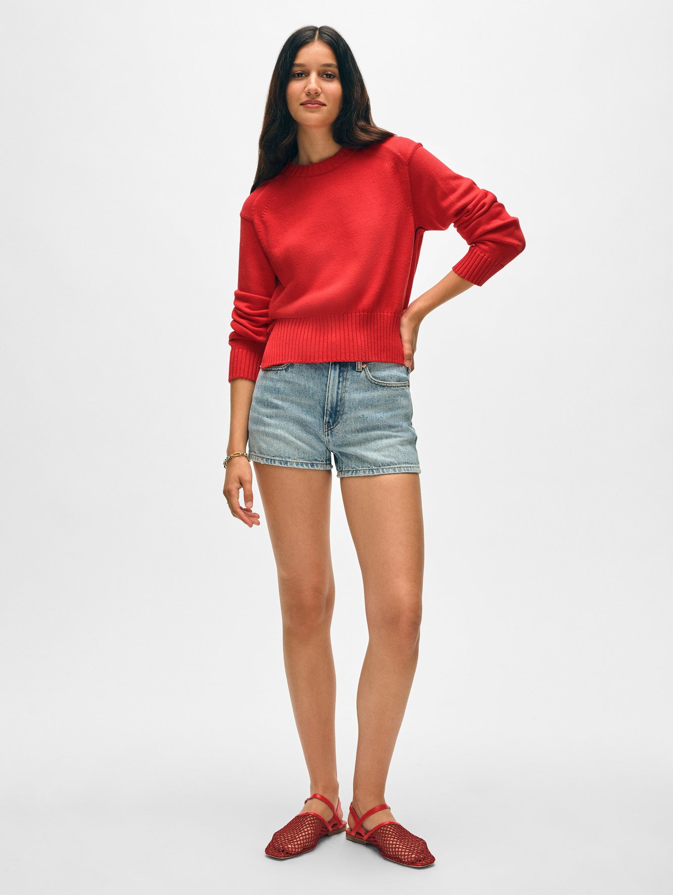 White + Warren Soft Cotton Rib Trim Sweatshirt Poppy Red Navy