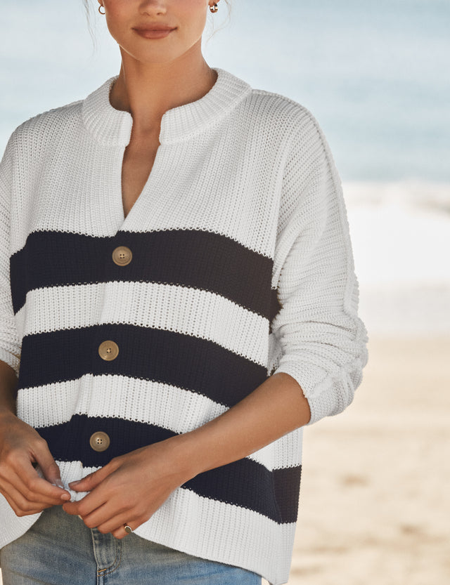 Frank & Eileen Montecito Cardigan White Navy Stripe-Sweatshirts-West of Woodward Boutique-Vancouver-Canada