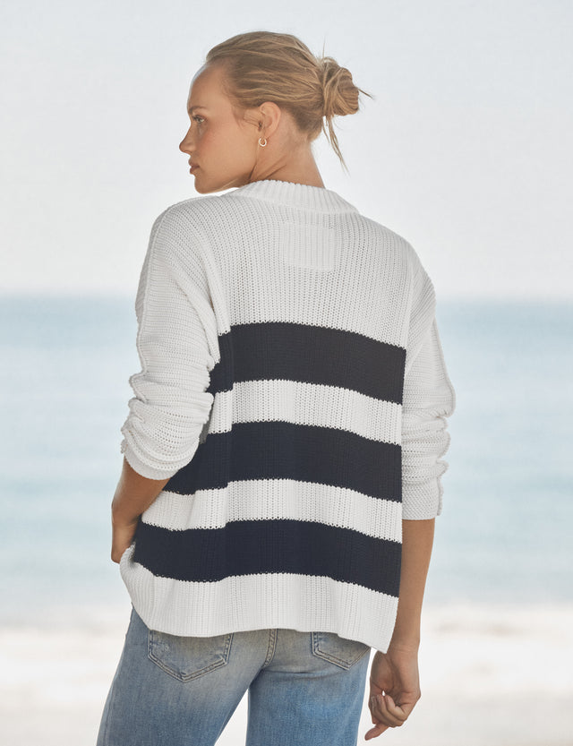 Frank &amp; Eileen Montecito Cardigan White Navy Stripe-Sweatshirts-West of Woodward Boutique-Vancouver-Canada