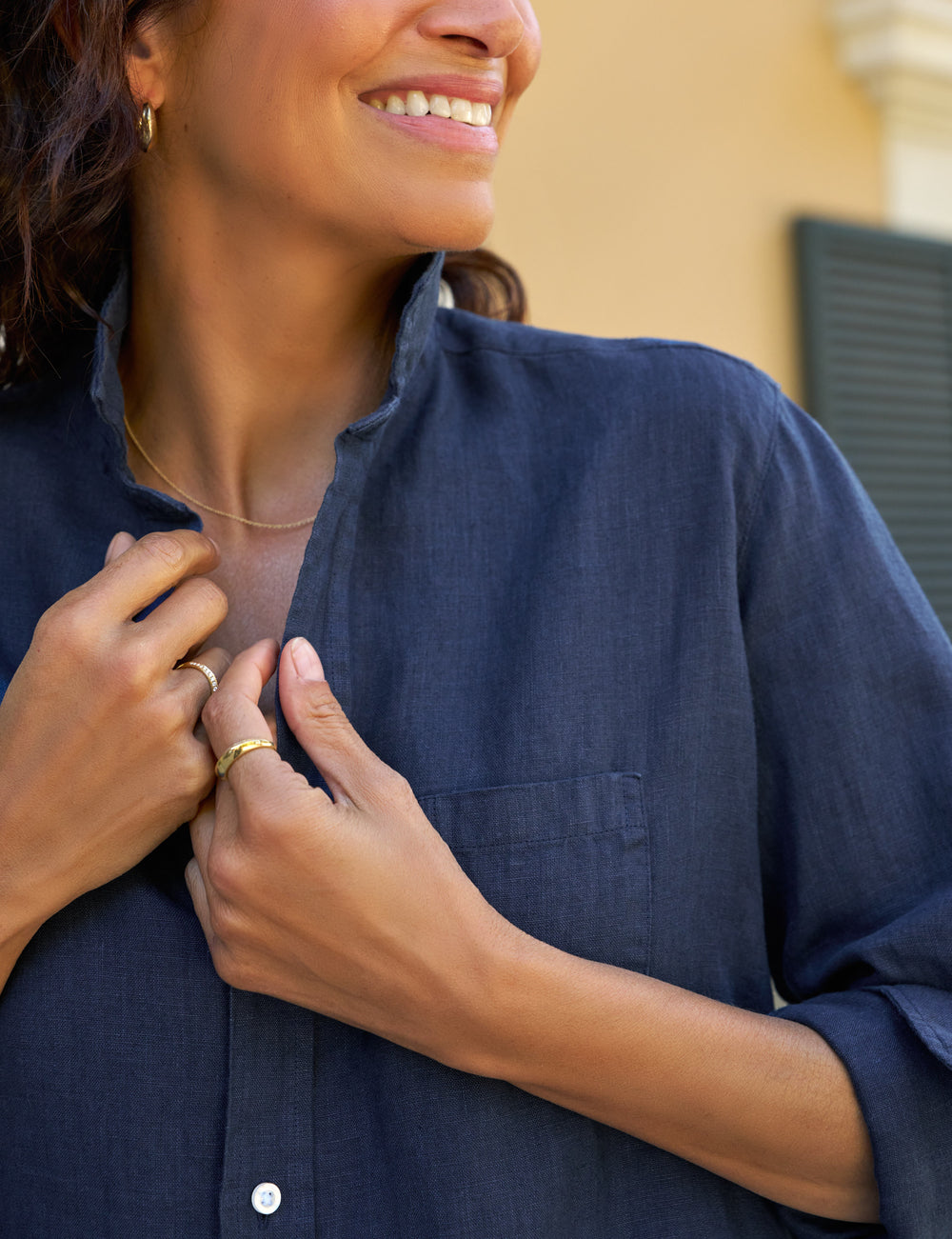 Frank &amp; Eileen Eileen Button Up Linen Shirt Navy-Shirts-West of Woodward Boutique-Vancouver-Canada