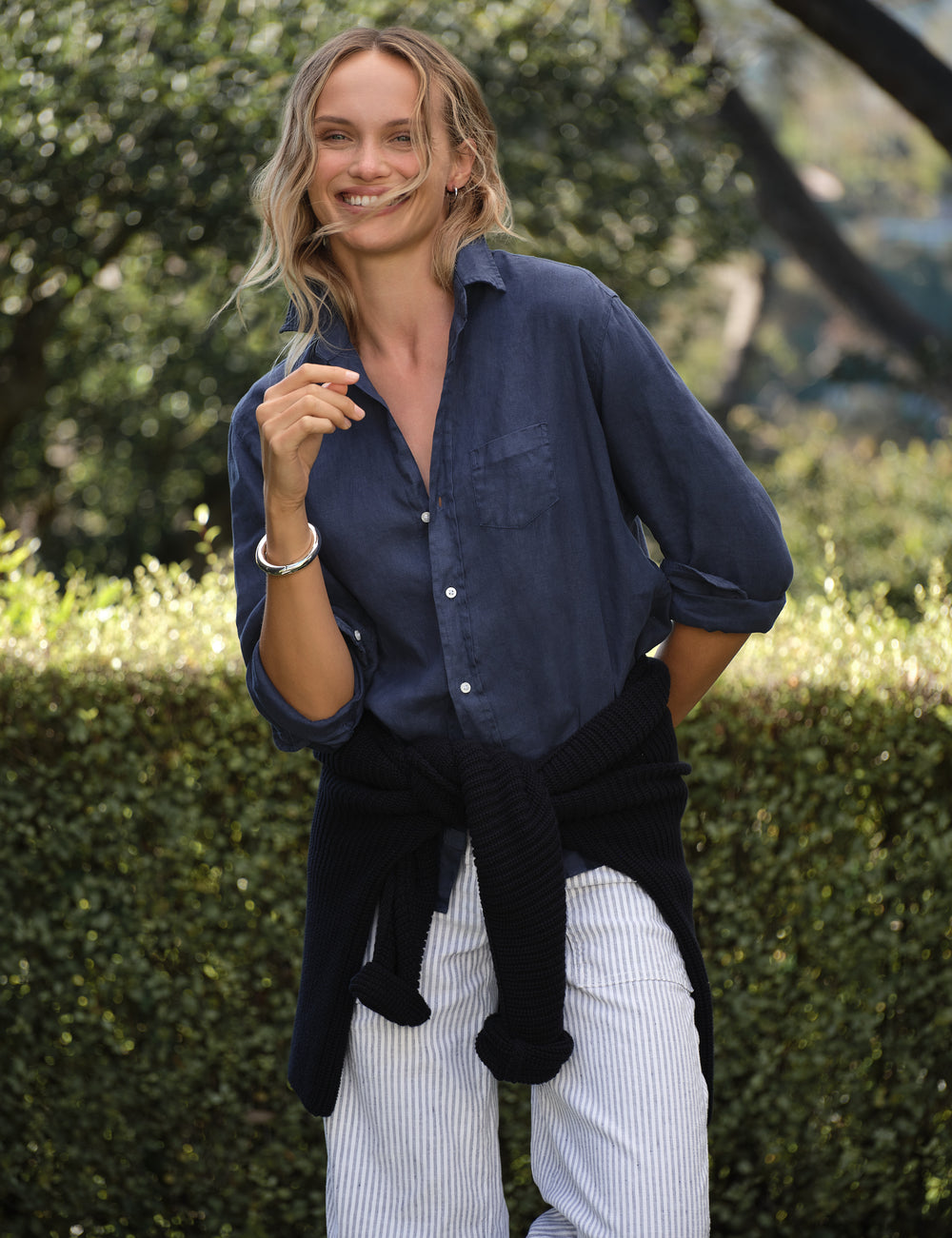 Frank &amp; Eileen Eileen Button Up Linen Shirt Navy-Shirts-West of Woodward Boutique-Vancouver-Canada