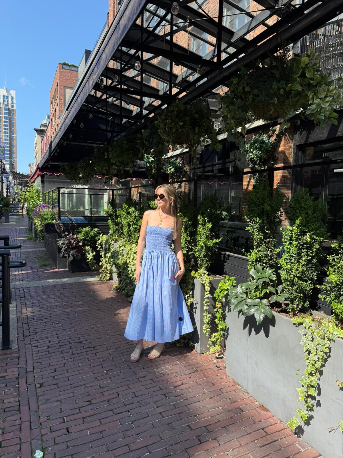 Faithfull Harlow Midi Dress Micro Gingham Soft Blue-Dresses-West of Woodward Boutique-Vancouver-Canada