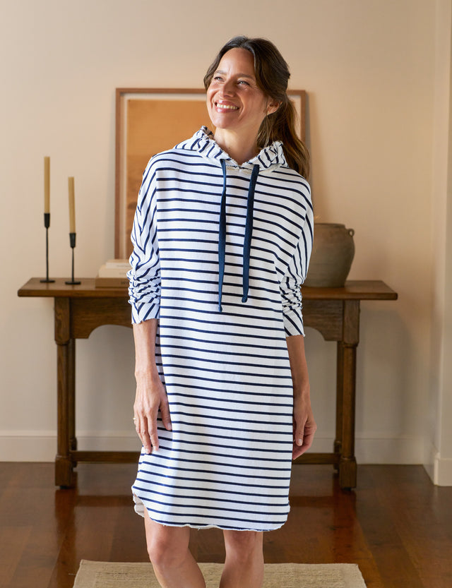 Frank & Eileen Mini James Hooded Cape Dress White Navy Stripe-Sweatshirts-West of Woodward Boutique-Vancouver-Canada