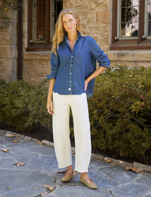 Frank &amp; Eileen Button Up Shirt Distressed Indigo Washed Denim-Shirts-West of Woodward Boutique-Vancouver-Canada