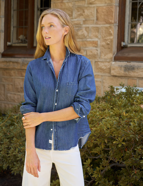 Frank &amp; Eileen Button Up Shirt Distressed Indigo Washed Denim-Shirts-West of Woodward Boutique-Vancouver-Canada