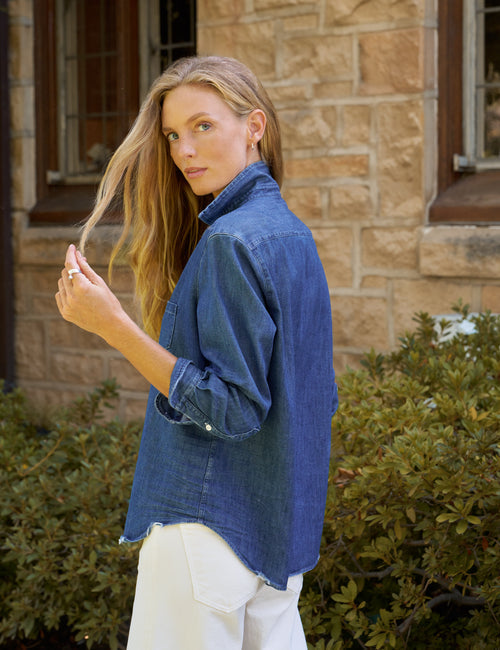 Frank &amp; Eileen Button Up Shirt Distressed Indigo Washed Denim-Shirts-West of Woodward Boutique-Vancouver-Canada