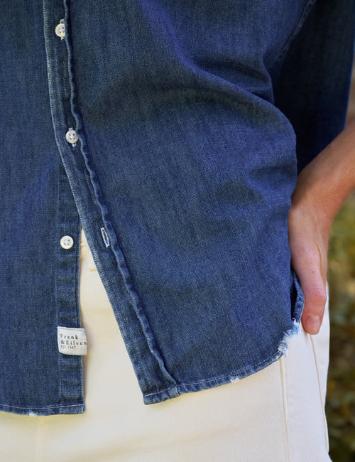 Frank &amp; Eileen Button Up Shirt Distressed Indigo Washed Denim-Shirts-West of Woodward Boutique-Vancouver-Canada
