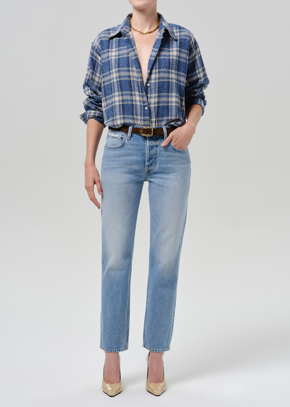 Citizens of Humanity Ana Cropped Button Up Shirt Marina Plaid-Shirts-West of Woodward Boutique-Vancouver-Canada