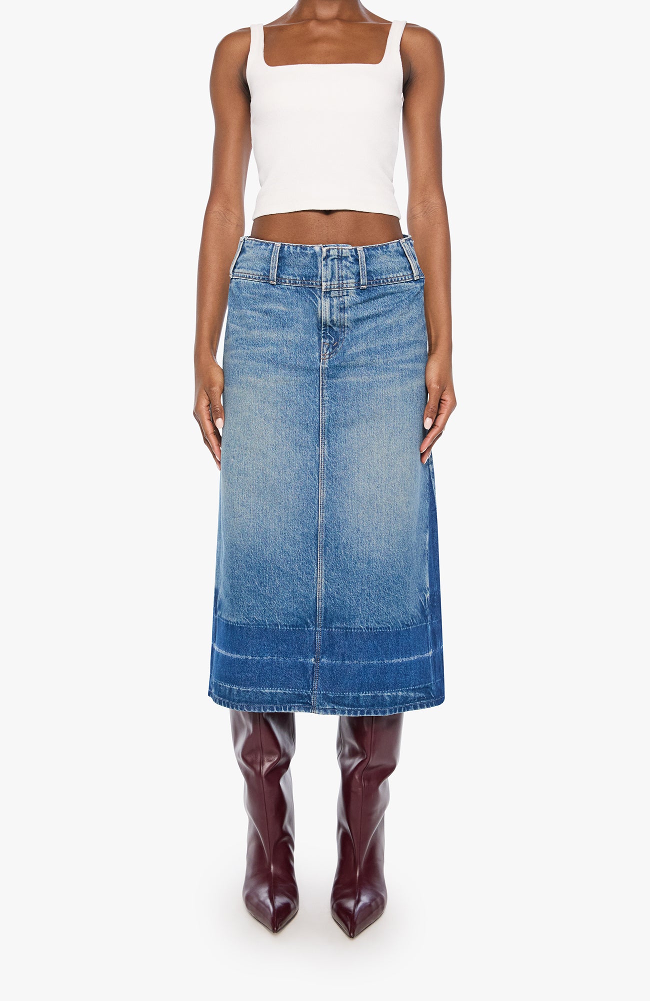 MOTHER Fortune Cookie Midi Denim Skirt Tootsie-Dresses-West of Woodward Boutique-Vancouver-Canada