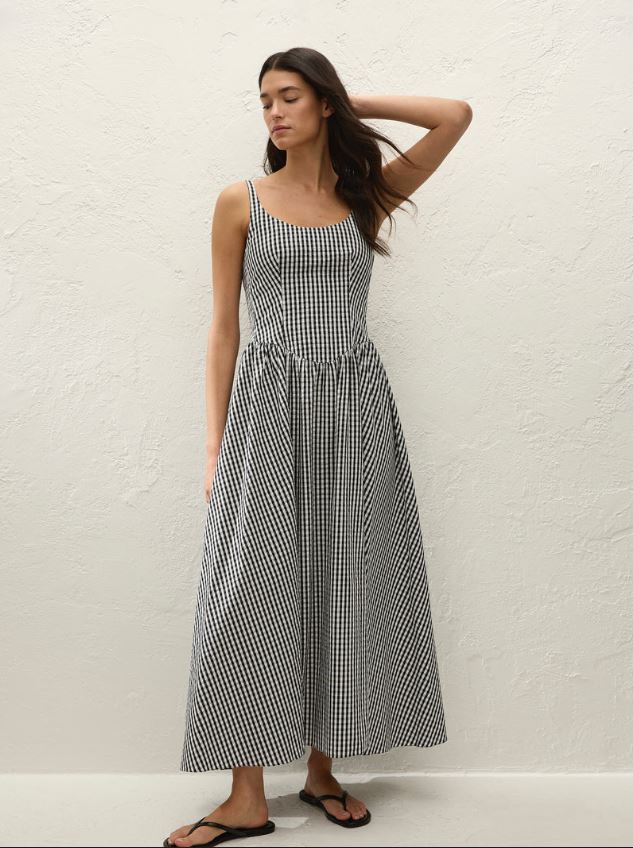 Faithfull Chiara Midi Dress Black Textured Gingham-Dresses-West of Woodward Boutique-Vancouver-Canada