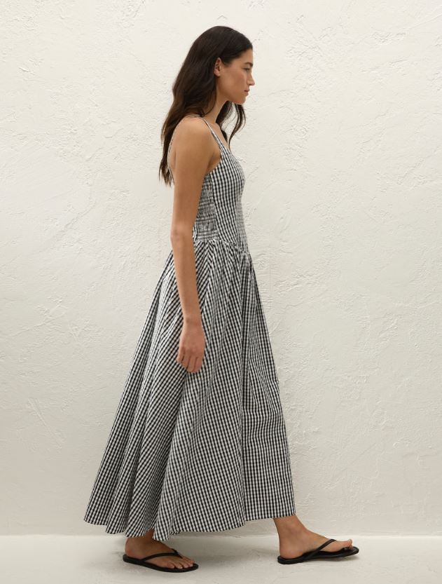Faithfull Chiara Midi Dress Black Textured Gingham-Dresses-West of Woodward Boutique-Vancouver-Canada
