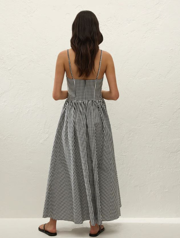 Faithfull Chiara Midi Dress Black Textured Gingham-Dresses-West of Woodward Boutique-Vancouver-Canada