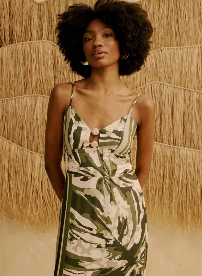 Cacay Midi Dress Tip Neckline Medium Green-Dresses-West of Woodward Boutique-Vancouver-Canada