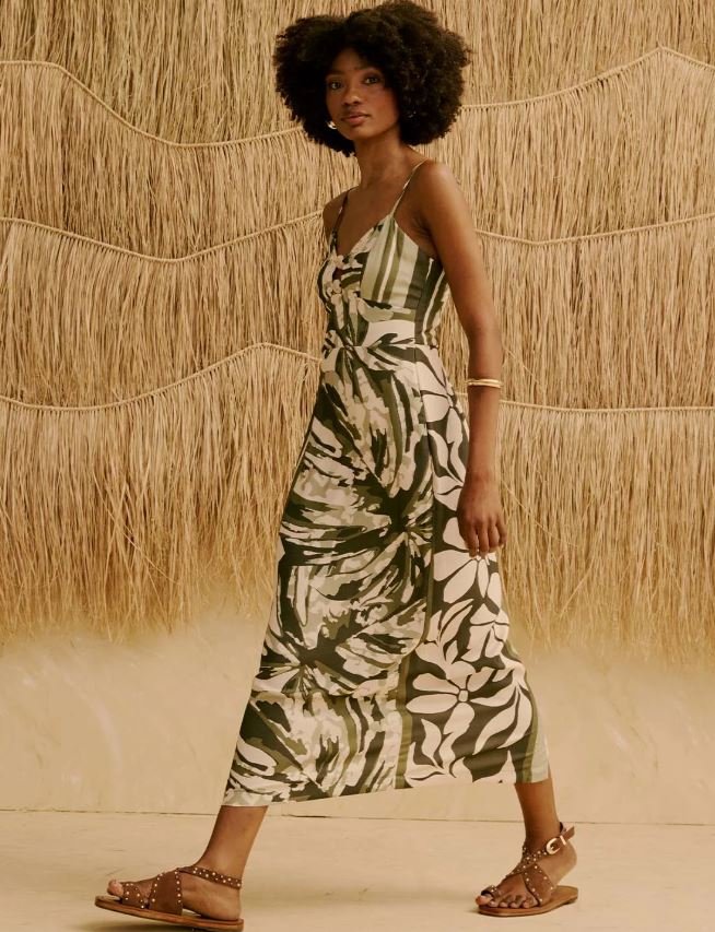 Cacay Midi Dress Tip Neckline Medium Green-Dresses-West of Woodward Boutique-Vancouver-Canada