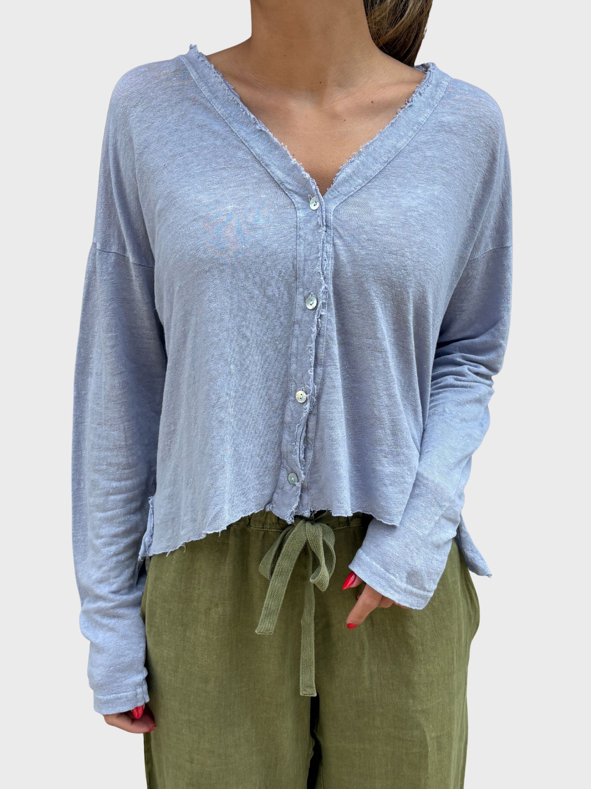 Crossley Long Sleeve Linen Cardigan Zen Blue Stonewash-T-Shirts-West of Woodward Boutique-Vancouver-Canada