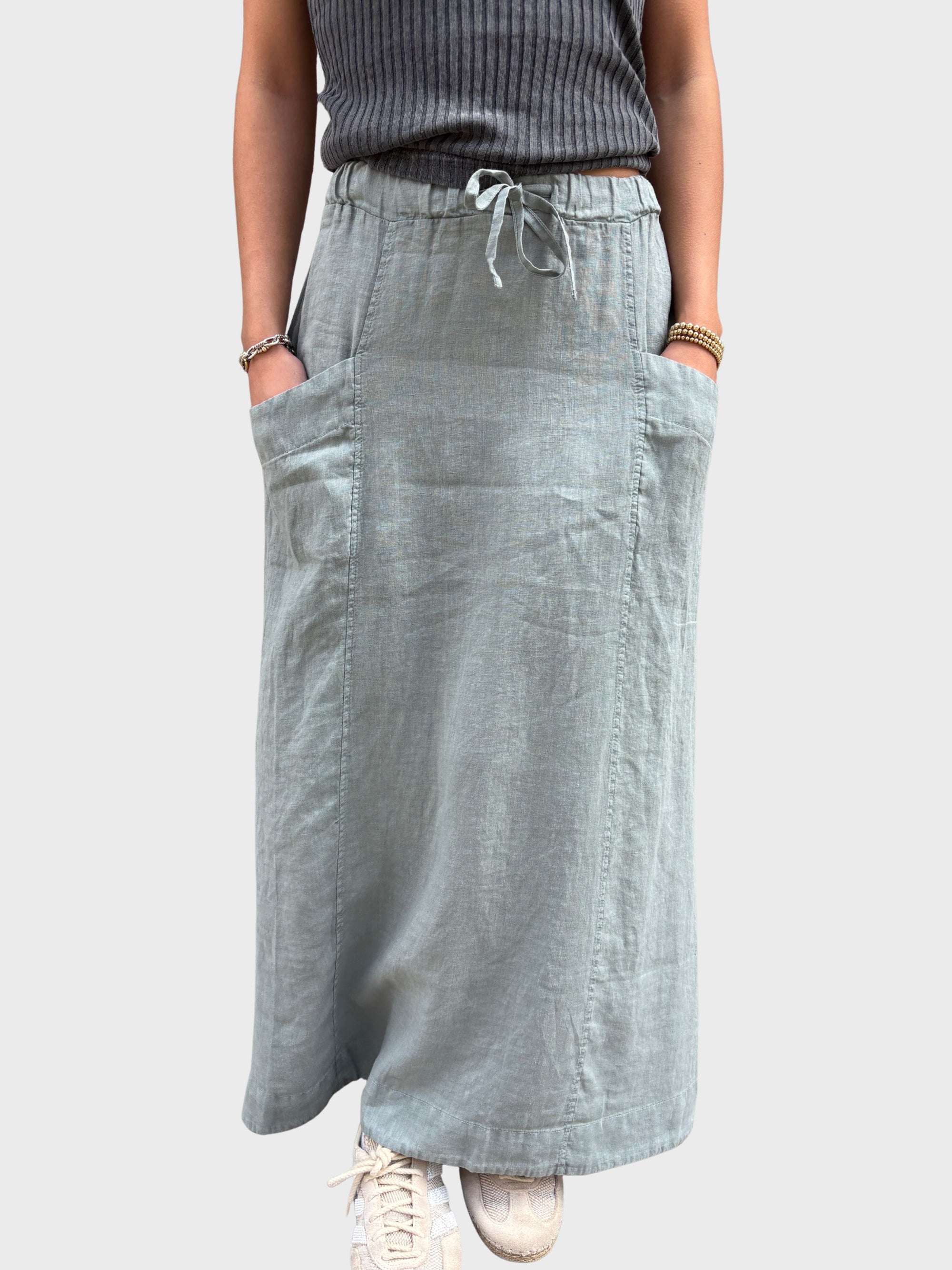 Crossley Long Linen Skirt W/ Pockets Trooper Stonewash-Dresses-West of Woodward Boutique-Vancouver-Canada
