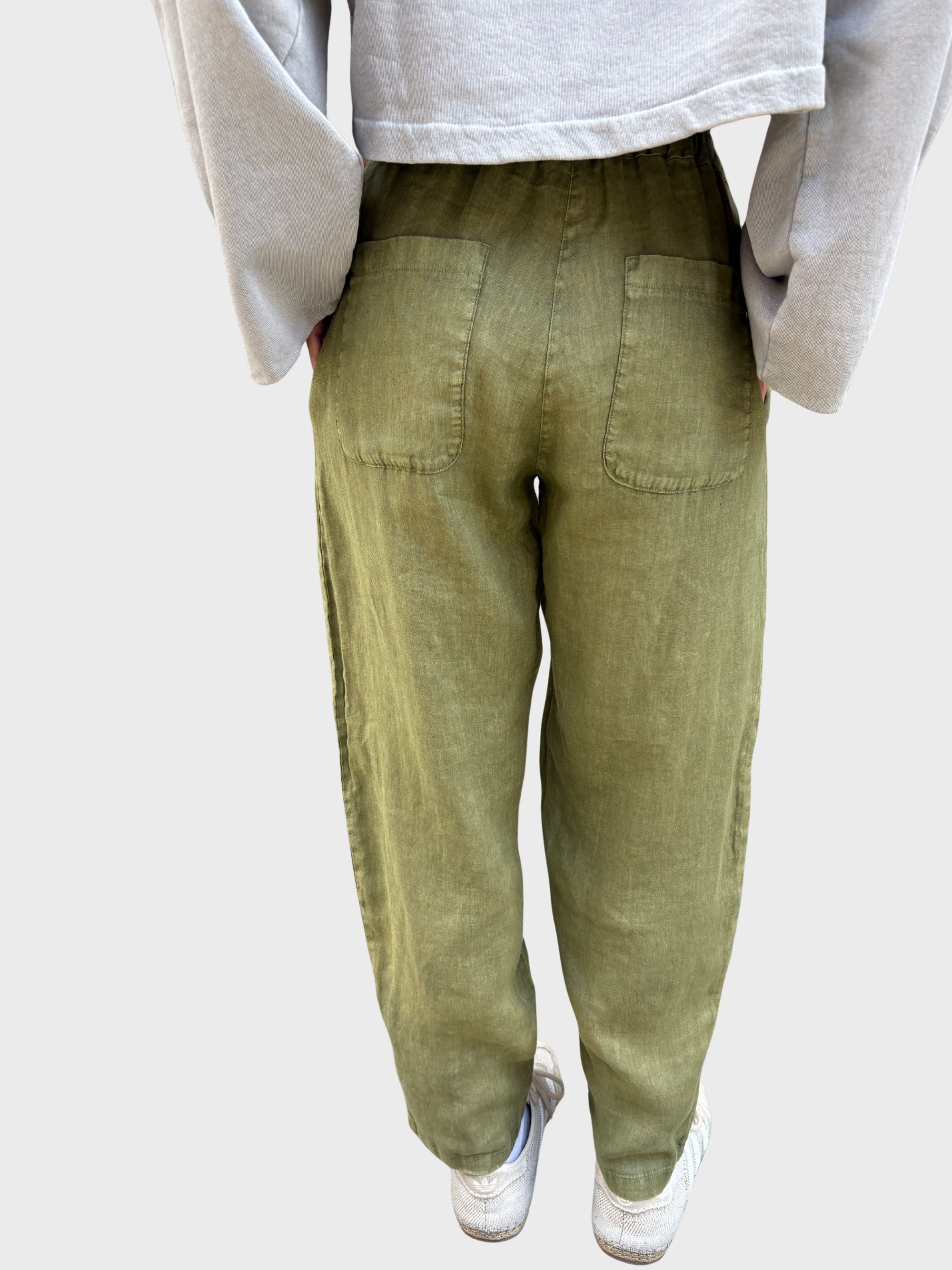 Crossley Elastic Waist Linen Pant Loden Green Stonewash-Pants-West of Woodward Boutique-Vancouver-Canada