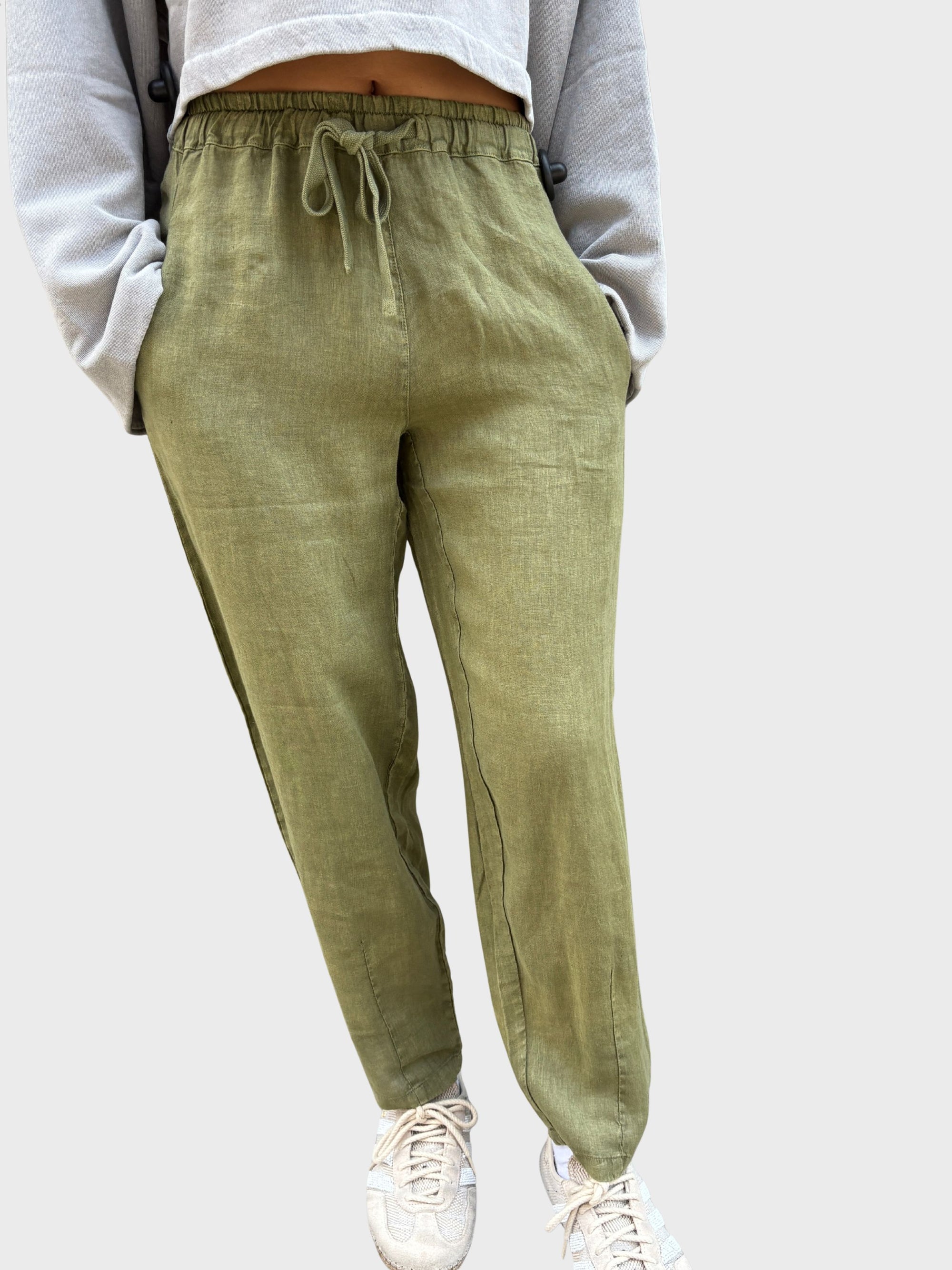 Crossley Elastic Waist Linen Pant Loden Green Stonewash-Pants-West of Woodward Boutique-Vancouver-Canada