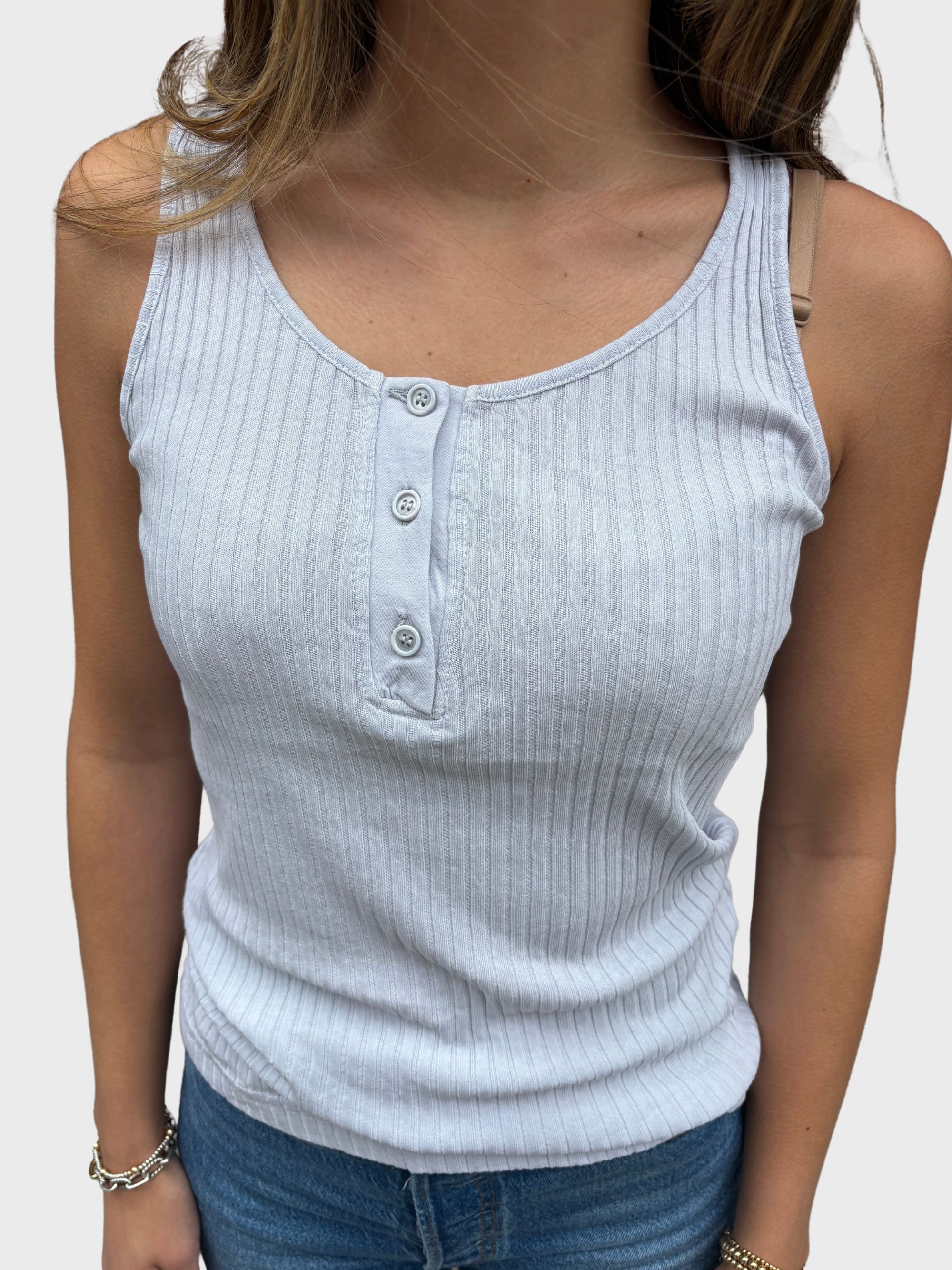 Crossley Henley Ribbed Tank Top Zen Blue Stonewash-T-Shirts-West of Woodward Boutique-Vancouver-Canada
