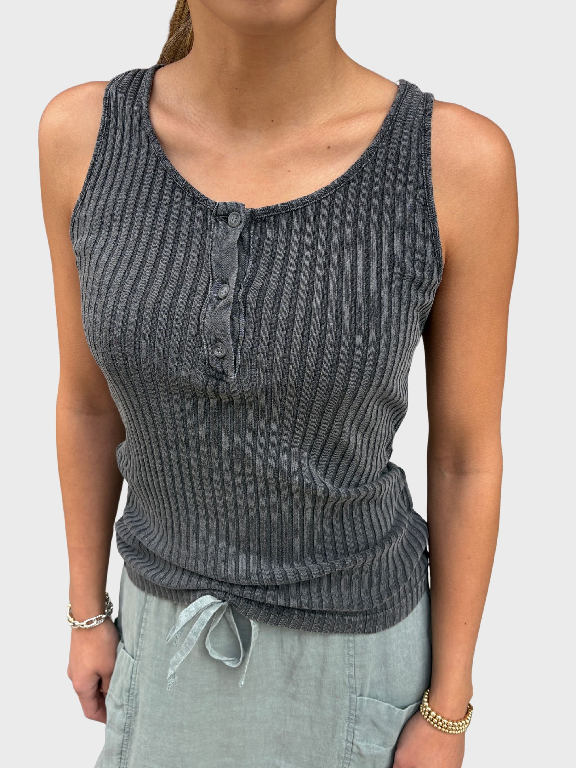 Crossley Henley Ribbed Tank Top Black Stonewash-T-Shirts-West of Woodward Boutique-Vancouver-Canada