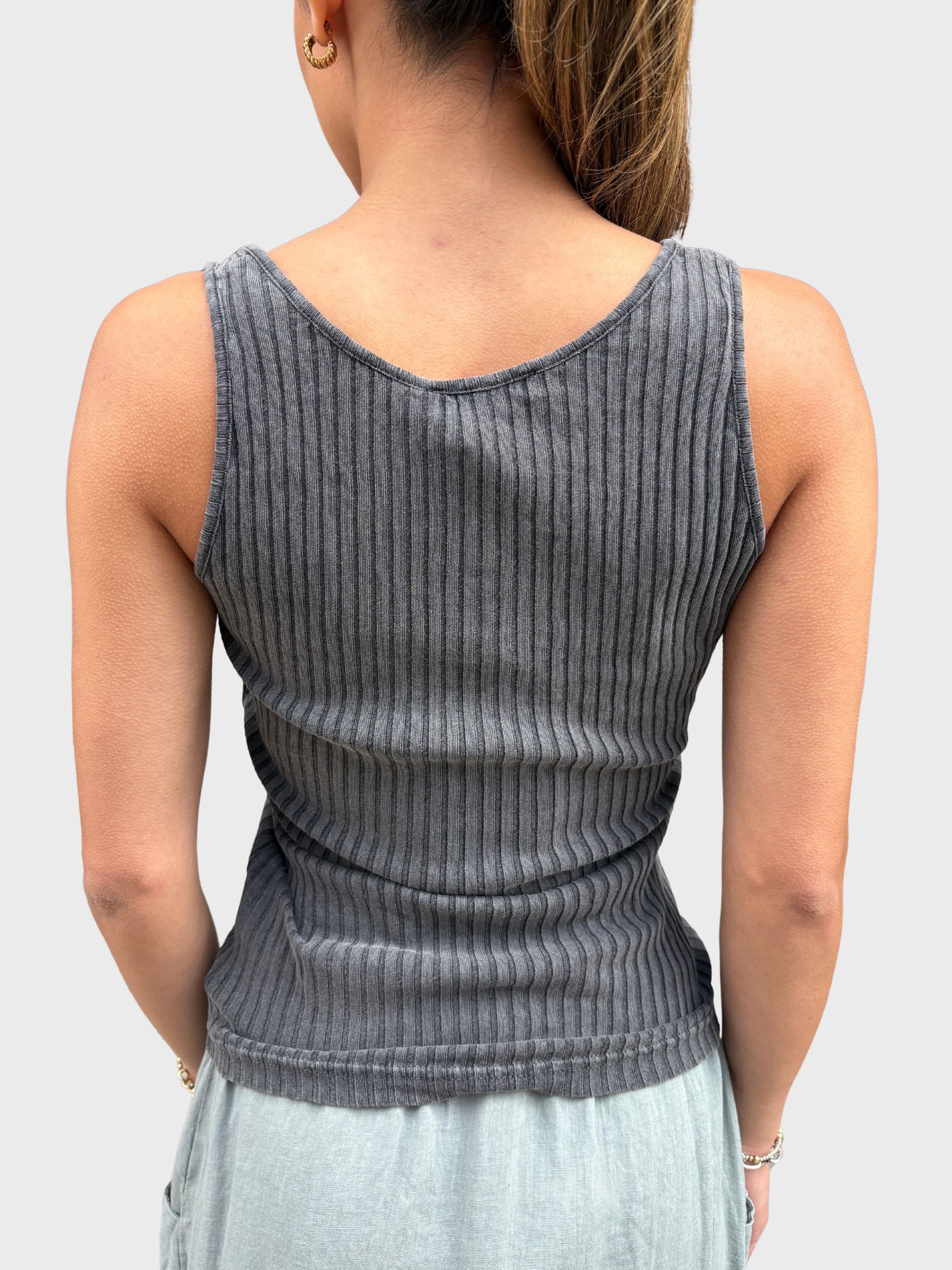 Crossley Henley Ribbed Tank Top Black Stonewash-T-Shirts-West of Woodward Boutique-Vancouver-Canada
