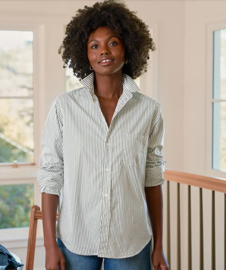 Frank & Eileen Eileen Button Up Shirt Army Green Stripe-Shirts-West of Woodward Boutique-Vancouver-Canada