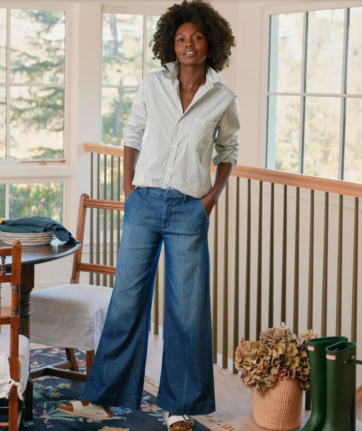 Frank &amp; Eileen Eileen Button Up Shirt Army Green Stripe-Shirts-West of Woodward Boutique-Vancouver-Canada