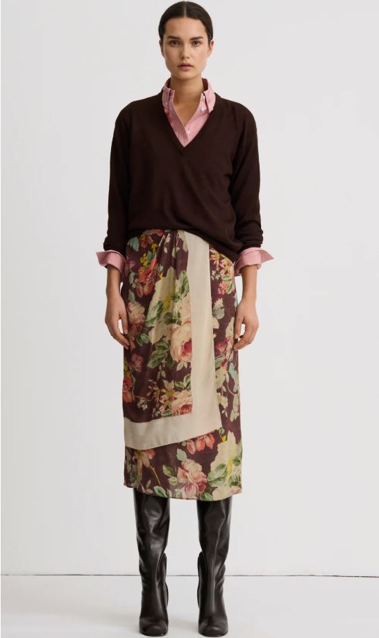 Smythe Assymetrical Overlay Shirt Mocha Brown Multi Floral-Dresses-West of Woodward Boutique-Vancouver-Canada
