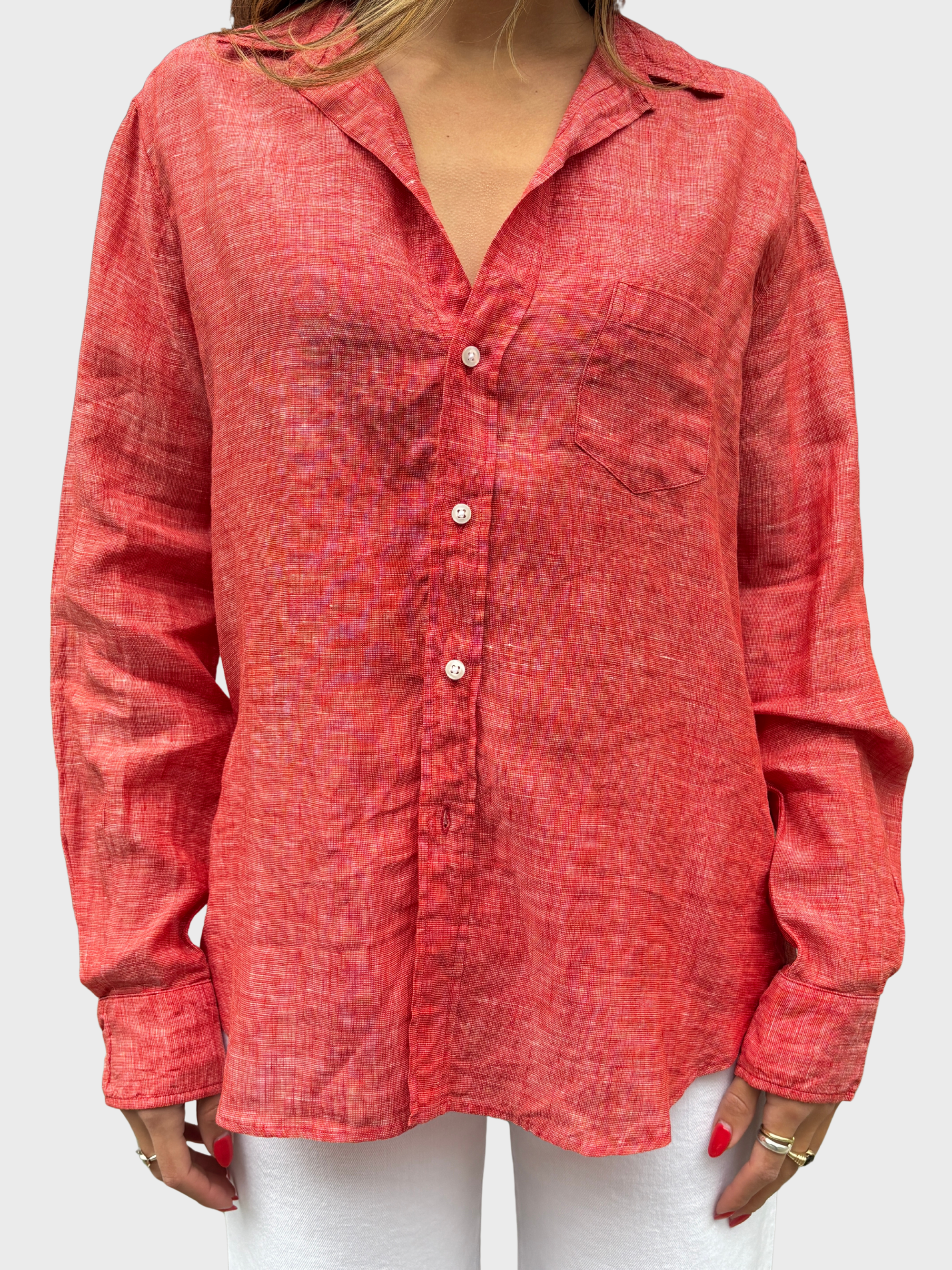 Frank & Eileen Eileen Button Up Shirt Red Linen-Shirts-West of Woodward Boutique-Vancouver-Canada