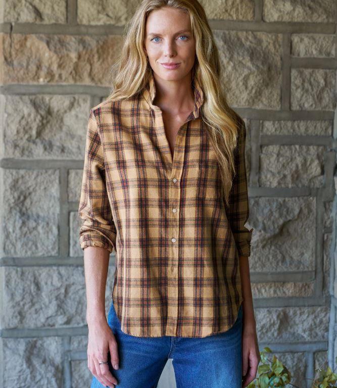 Frank & Eileen Button Up Shirt Eileen Gold Brown Black Plaid-Shirts-West of Woodward Boutique-Vancouver-Canada