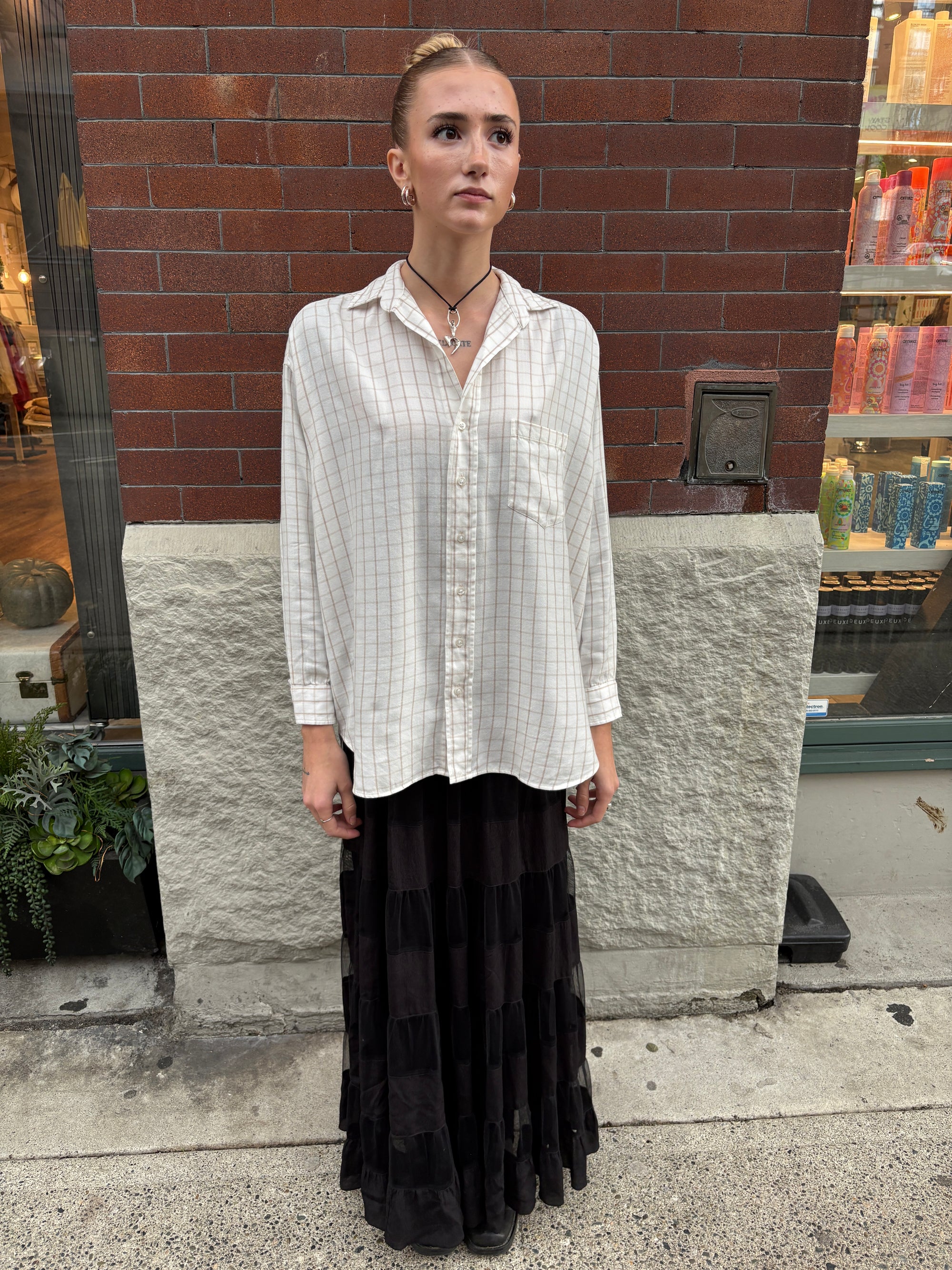 Frank & Eileen Shirley Oversized Shirt Cream Camel Check-Shirts-West of Woodward Boutique-Vancouver-Canada