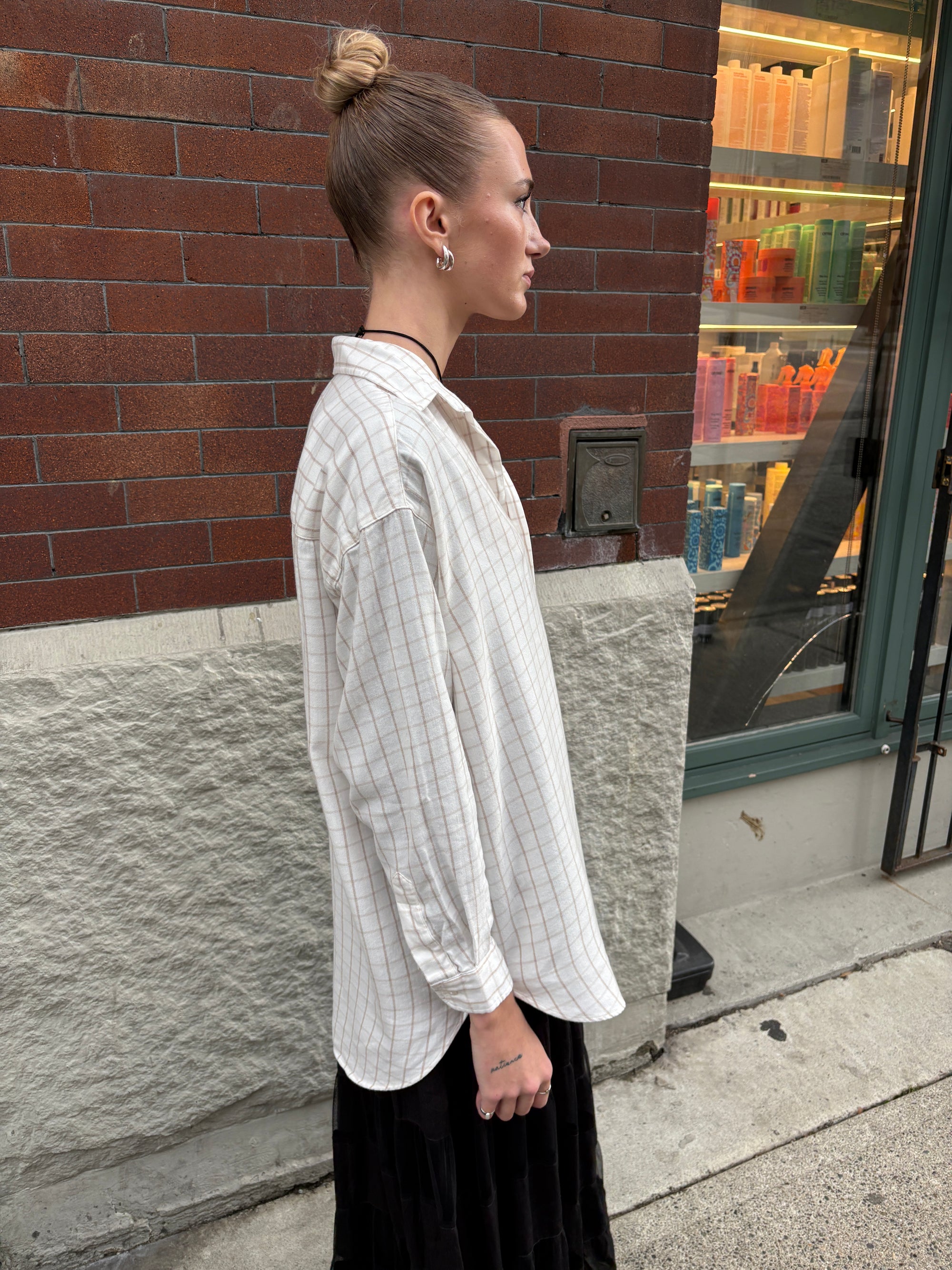 Frank & Eileen Shirley Oversized Shirt Cream Camel Check-Shirts-West of Woodward Boutique-Vancouver-Canada