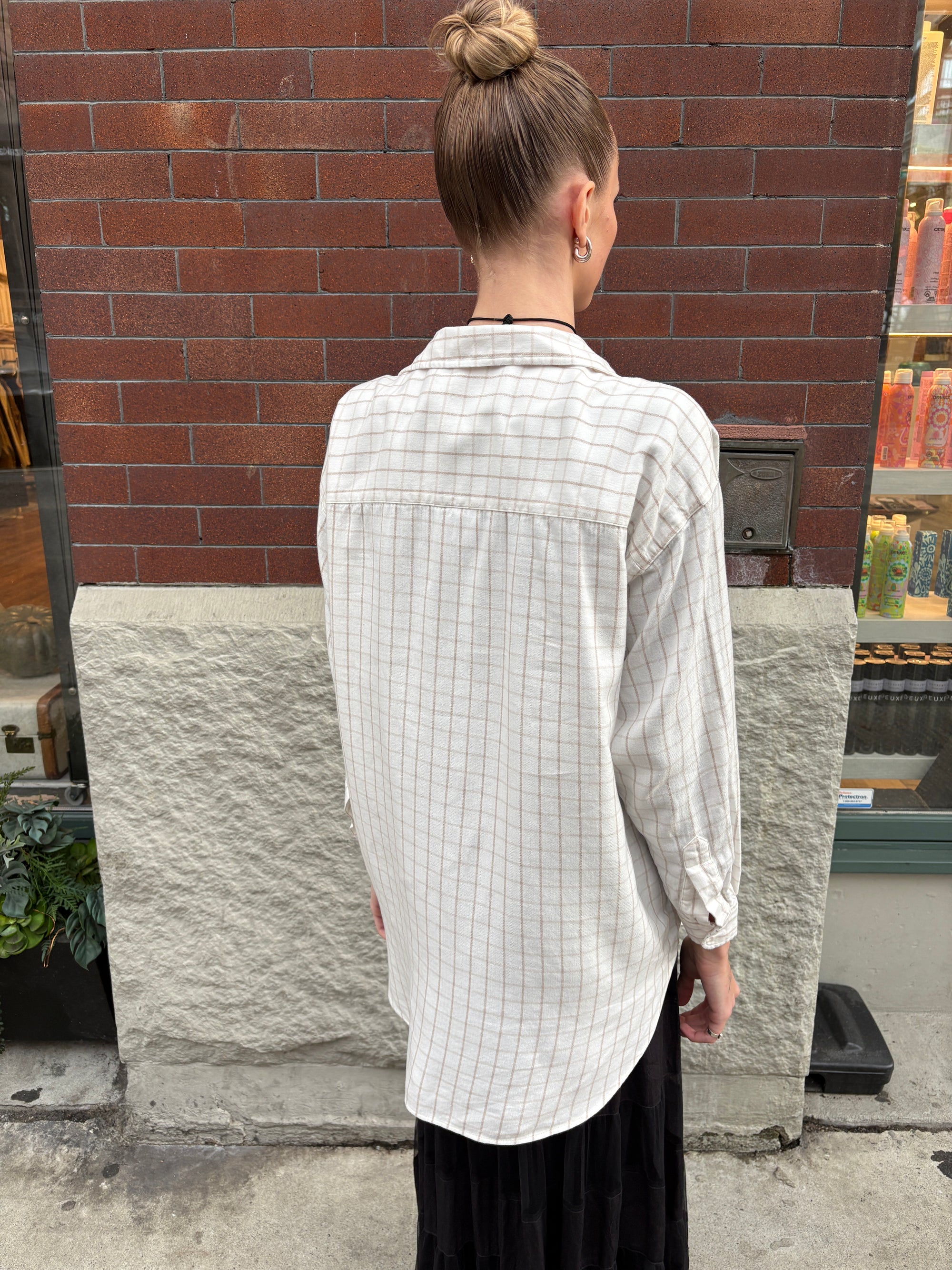 Frank & Eileen Shirley Oversized Shirt Cream Camel Check-Shirts-West of Woodward Boutique-Vancouver-Canada
