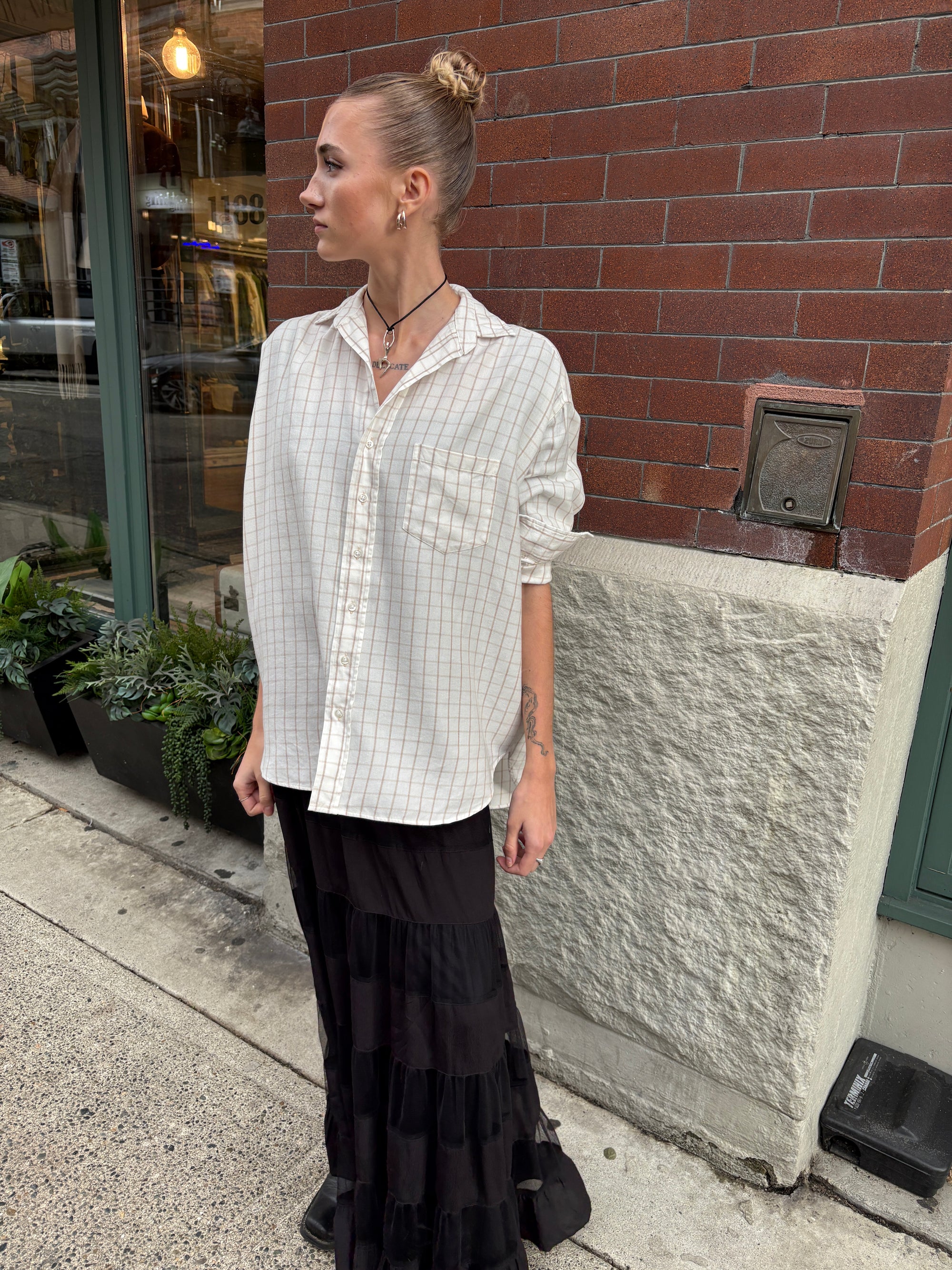 Frank &amp; Eileen Shirley Oversized Shirt Cream Camel Check-Shirts-West of Woodward Boutique-Vancouver-Canada