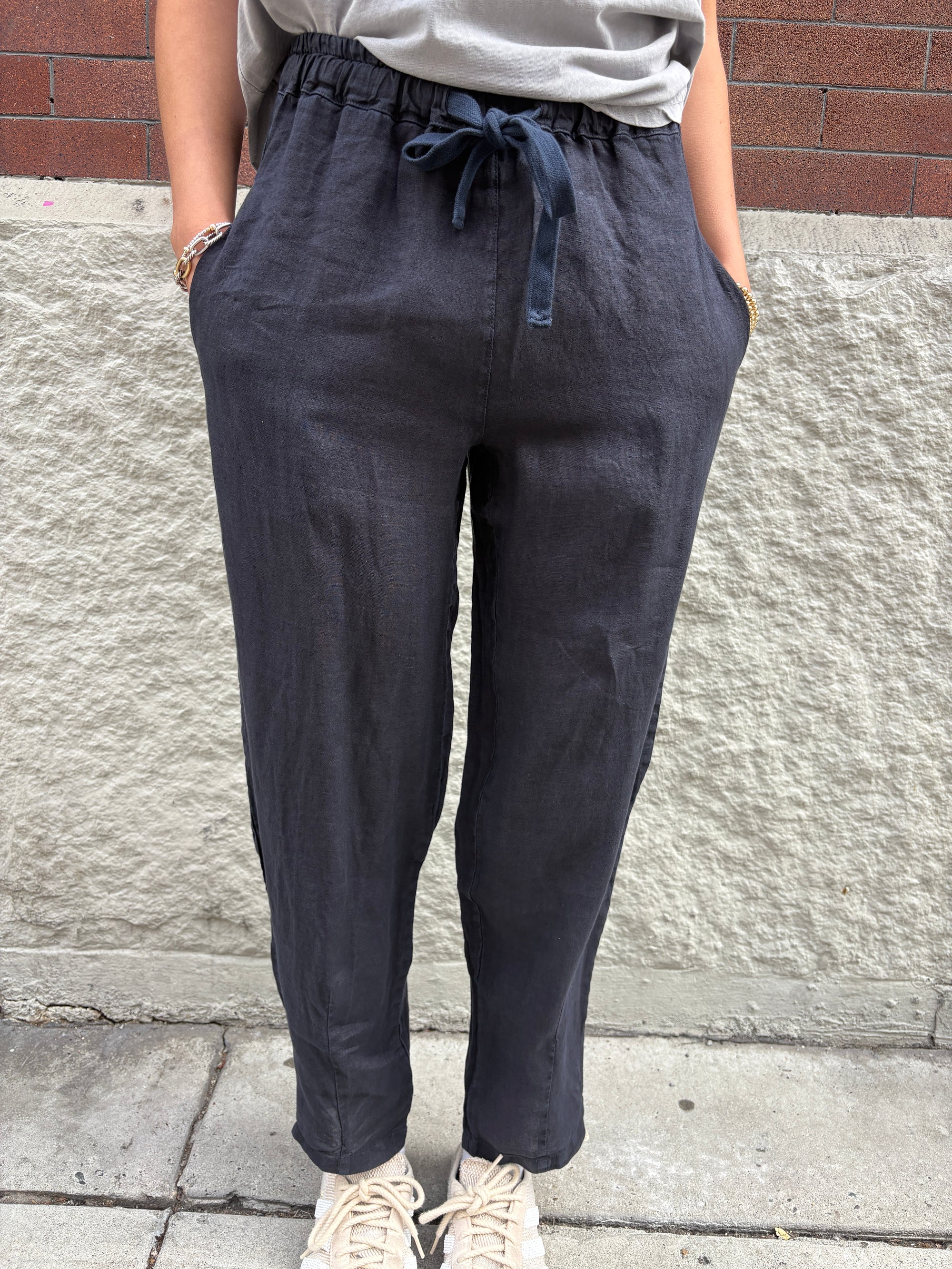 Crossley Elastic Waist Linen Pants Blue Stonewash-Pants-West of Woodward Boutique-Vancouver-Canada