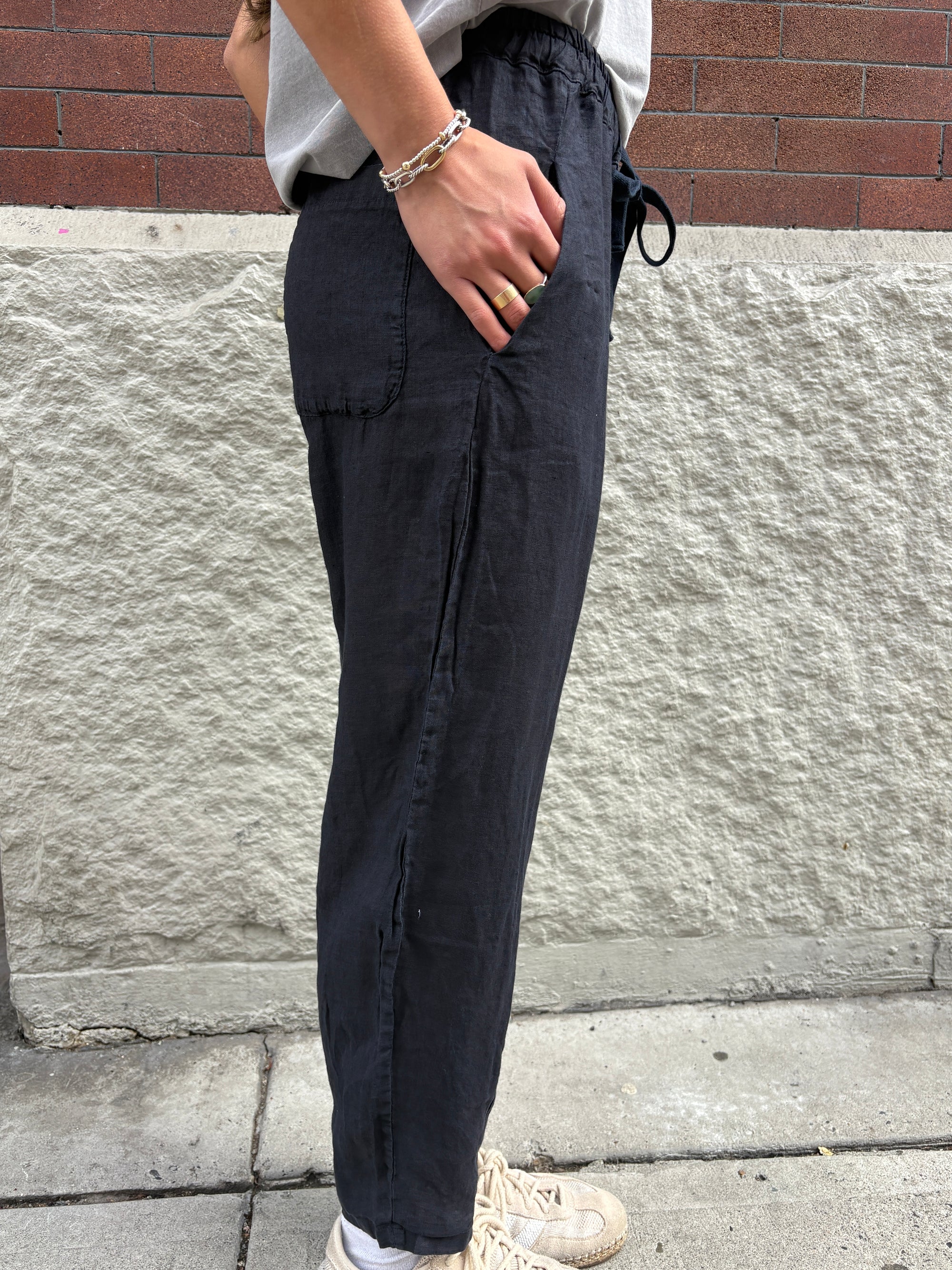 Crossley Elastic Waist Linen Pants Blue Stonewash-Pants-West of Woodward Boutique-Vancouver-Canada