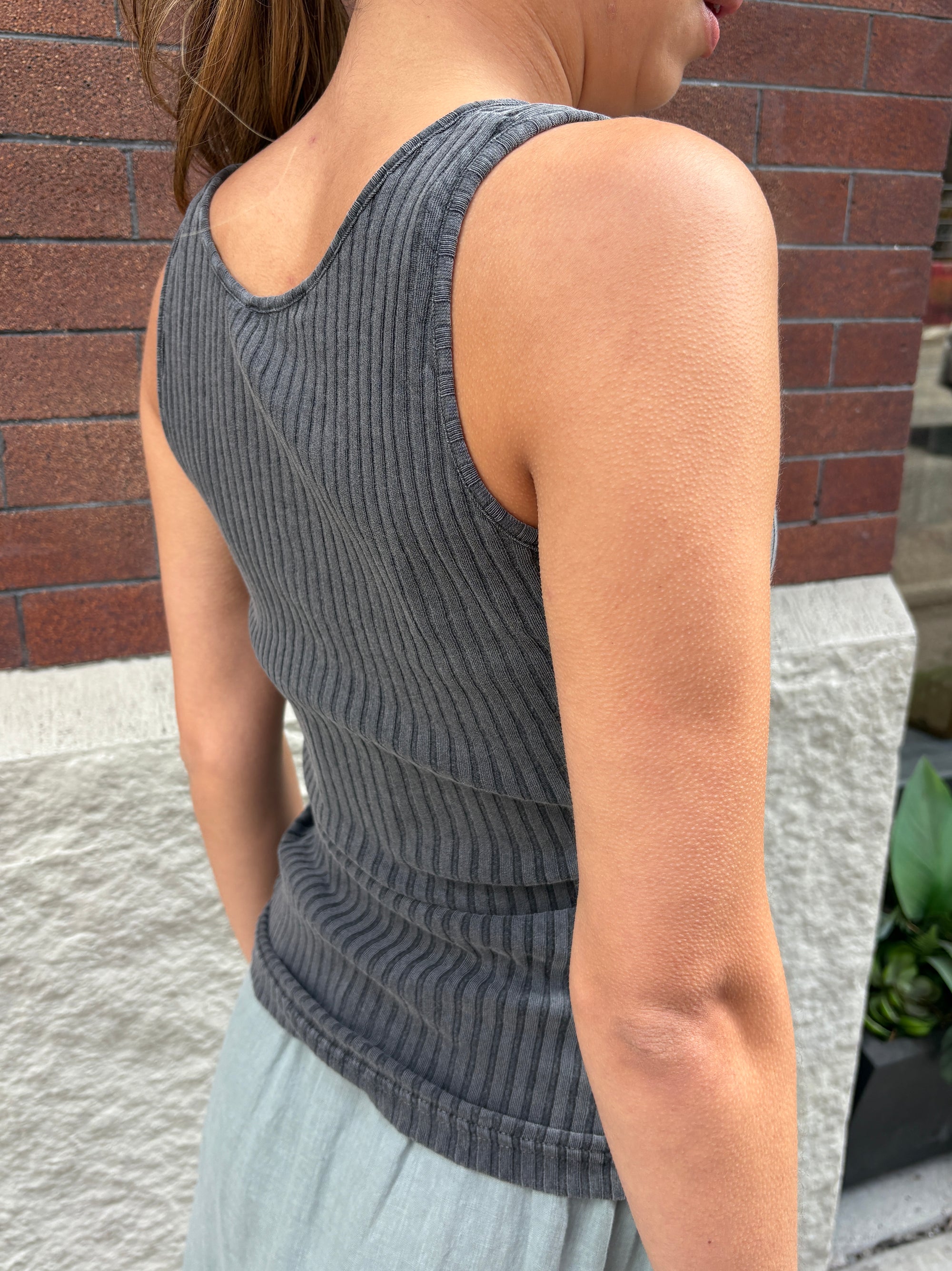 Crossley Henley Ribbed Tank Top Black Stonewash-T-Shirts-West of Woodward Boutique-Vancouver-Canada