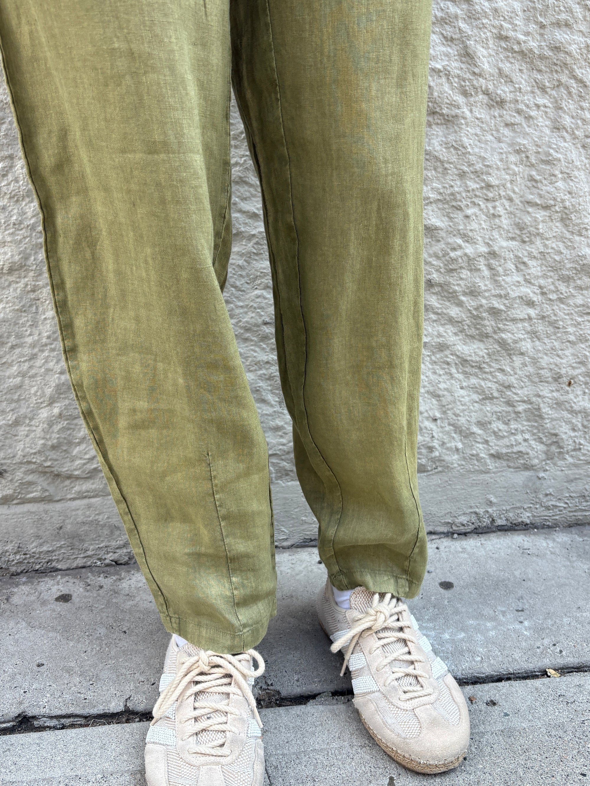 Crossley Elastic Waist Linen Pant Loden Green Stonewash-Pants-West of Woodward Boutique-Vancouver-Canada