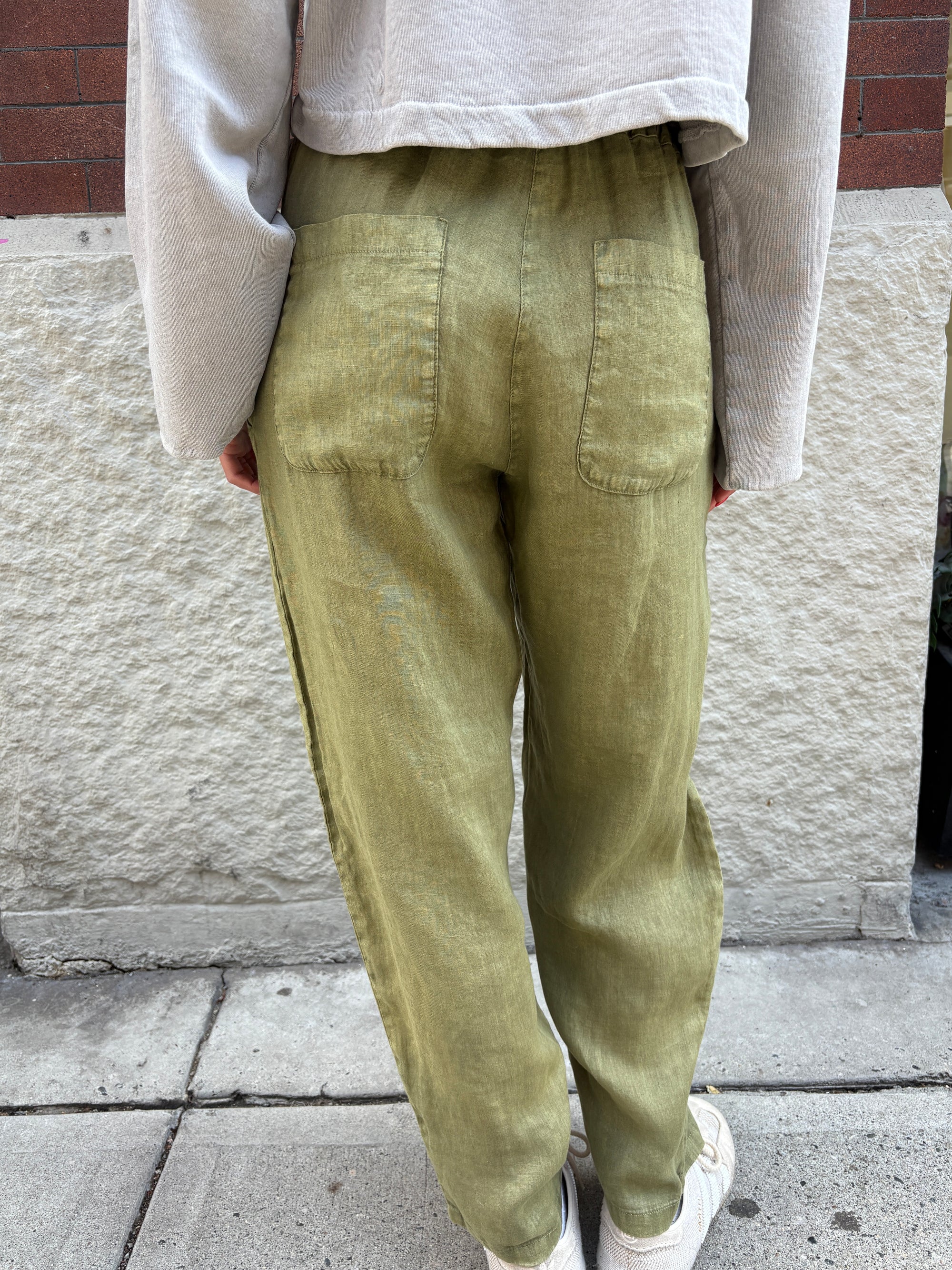 Crossley Elastic Waist Linen Pant Loden Green Stonewash-Pants-West of Woodward Boutique-Vancouver-Canada