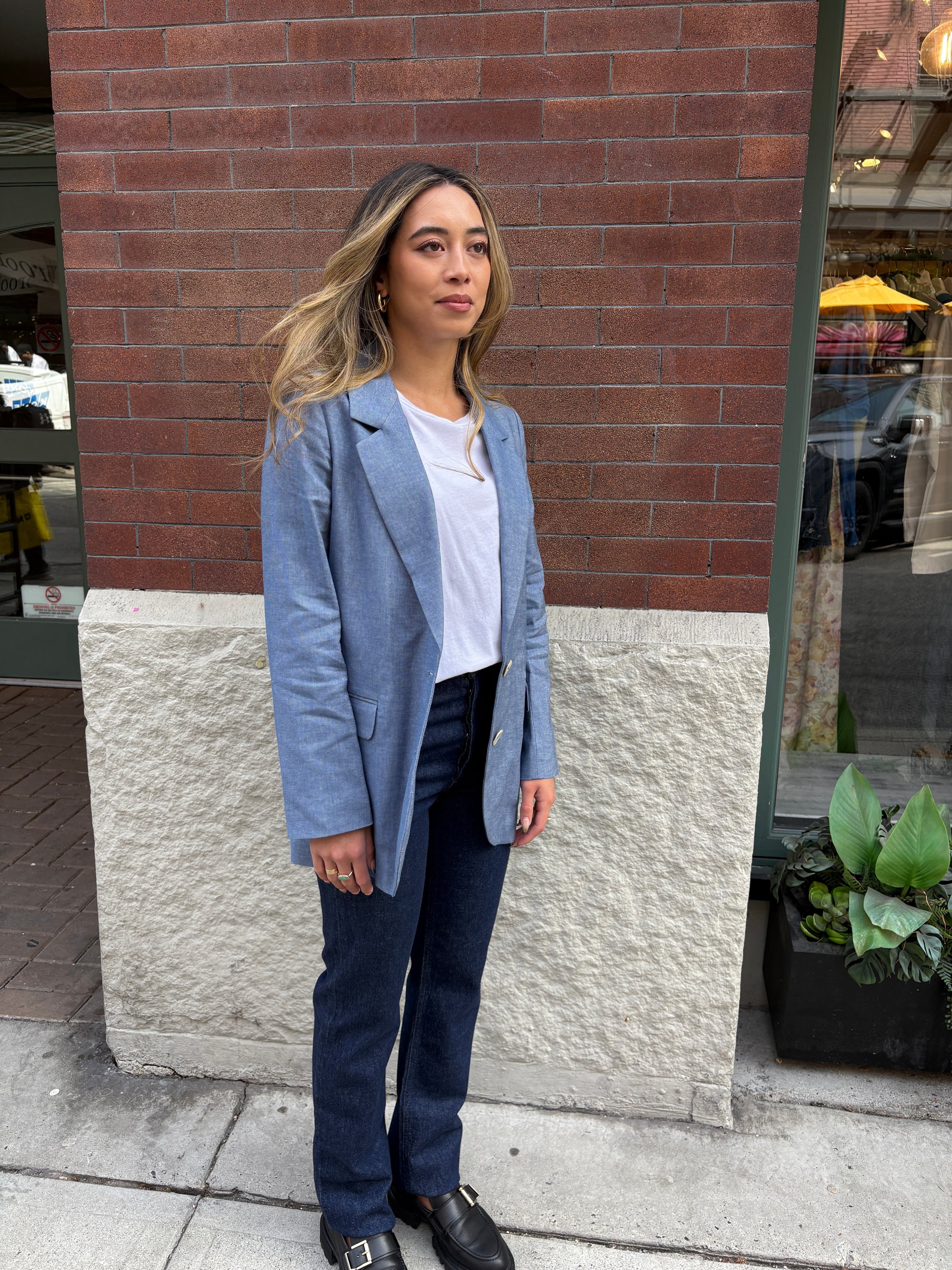 Normeet Denim Blue Linen Blazer Jacket-Jackets-West of Woodward Boutique-Vancouver-Canada