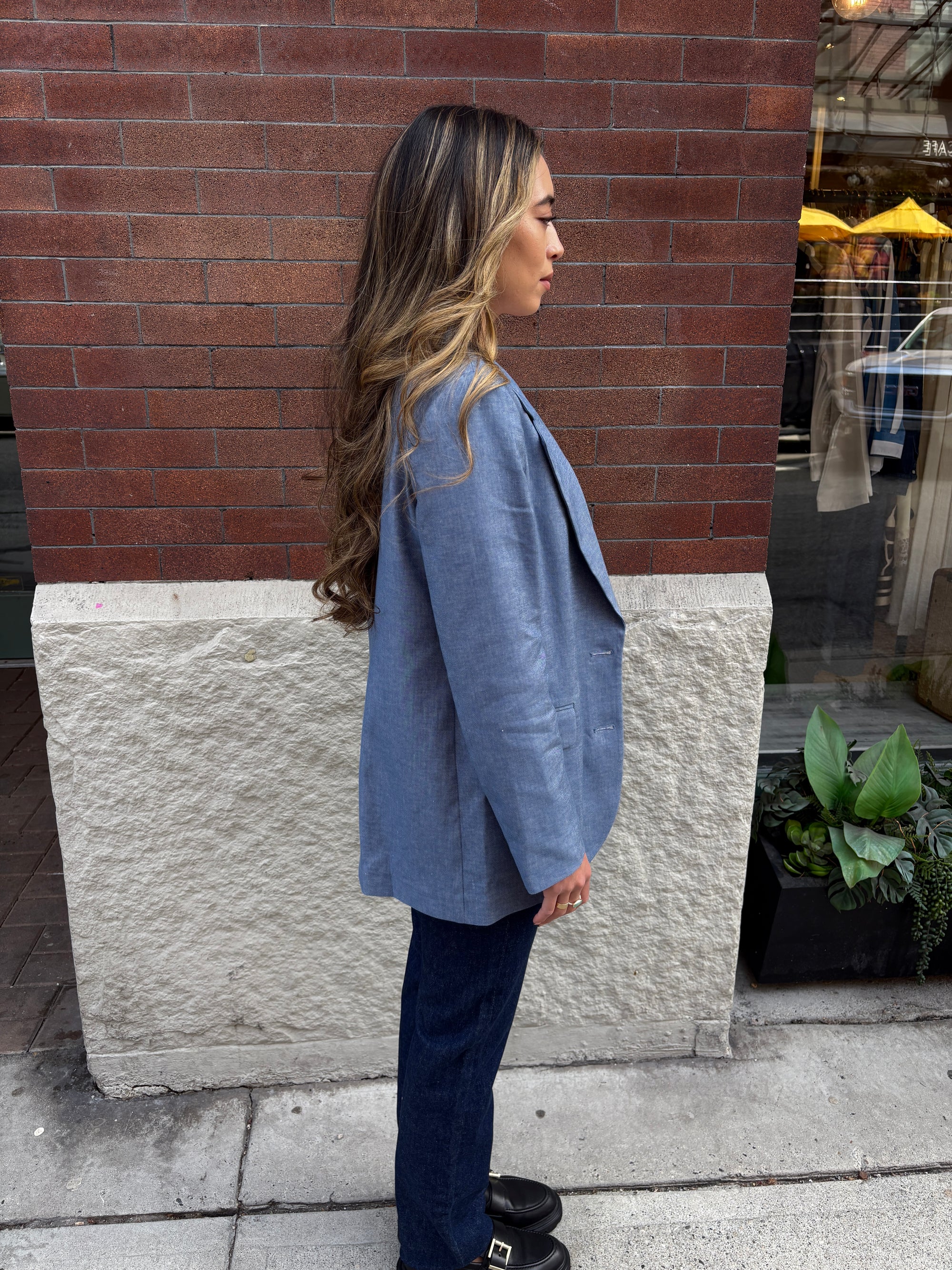 Normeet Denim Blue Linen Blazer Jacket-Jackets-West of Woodward Boutique-Vancouver-Canada