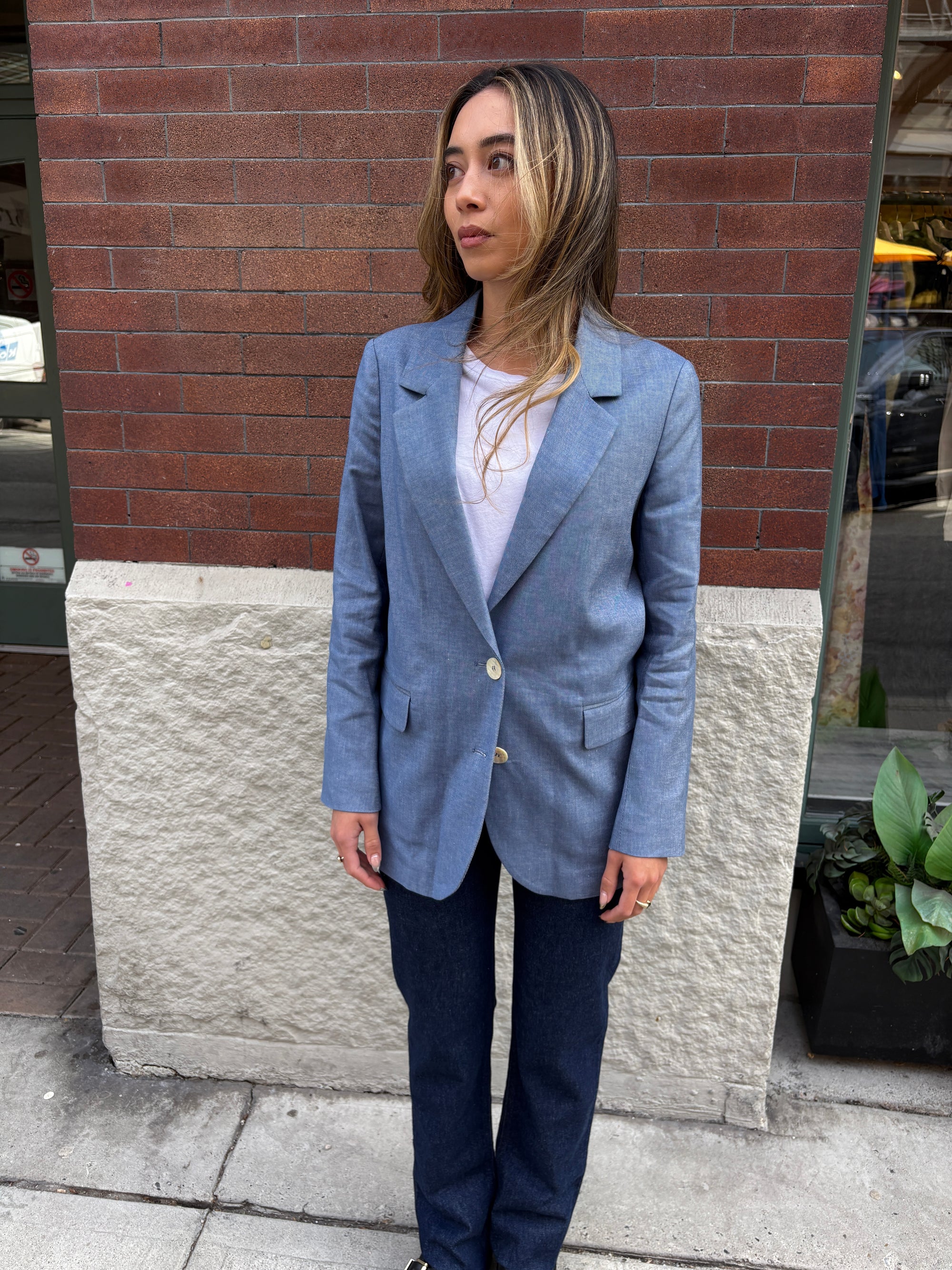Normeet Denim Blue Linen Blazer Jacket-Jackets-West of Woodward Boutique-Vancouver-Canada
