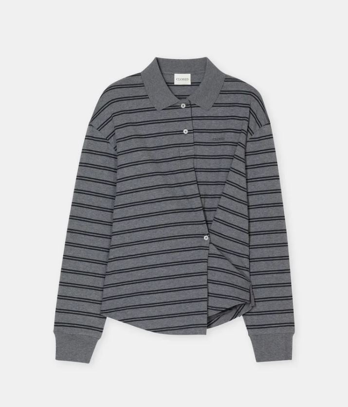 Closed Polo Longsleeve Dark Grey Melange-Shirts-West of Woodward Boutique-Vancouver-Canada